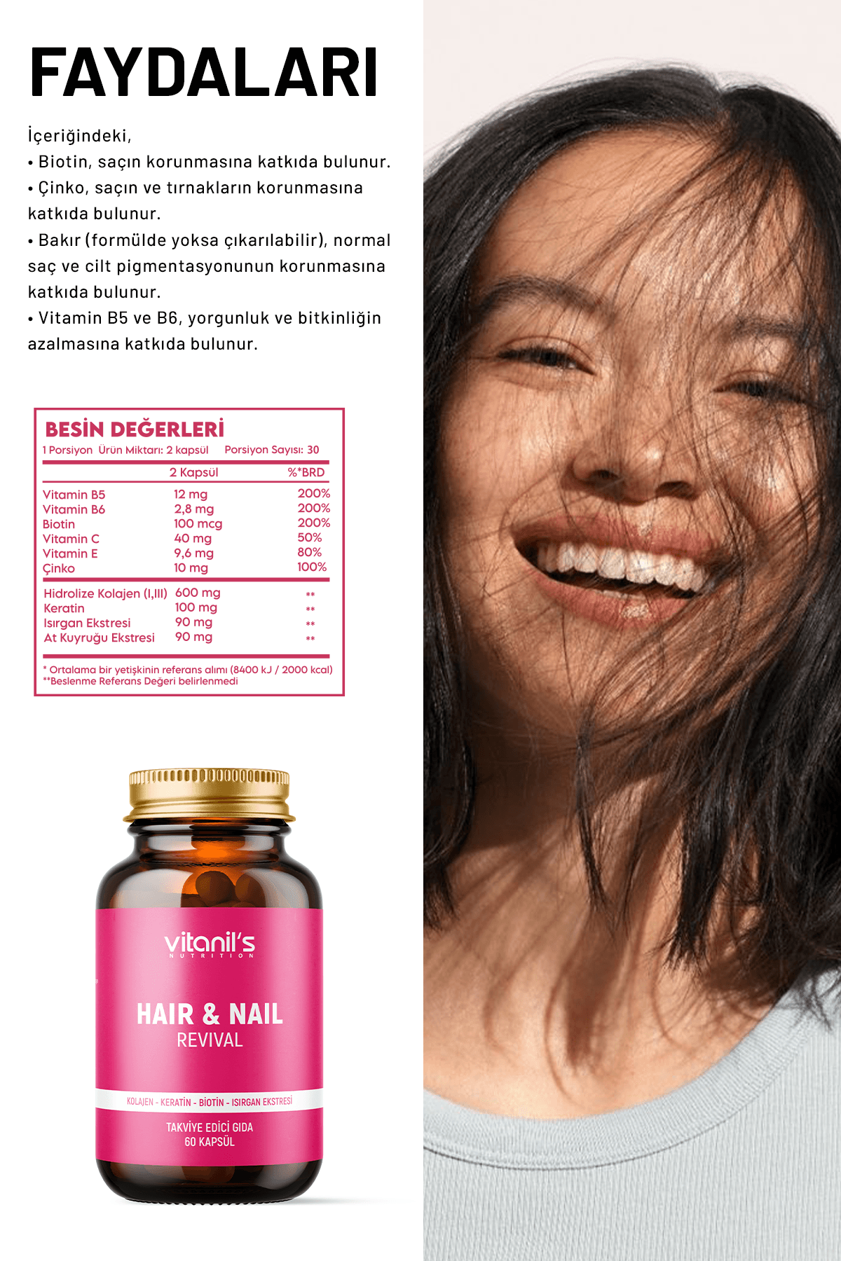Hair & Nail Vitamini (Saç & Tırnak Vitamini Kolajen, Keratin, Biotin, Isırgan Eks, Atkuyruğu Eks) 60 Kapsül