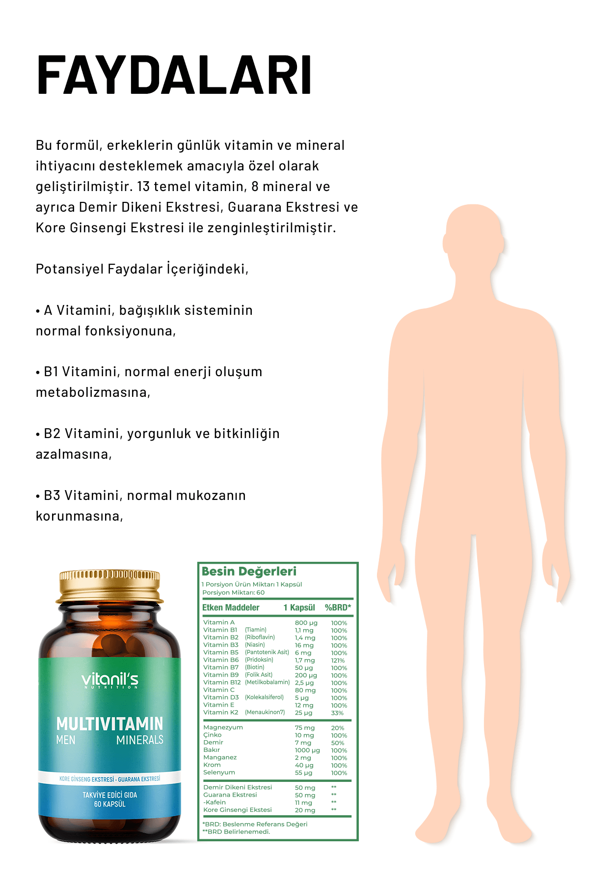 Multivitamin Minerals Men (13 Tip Vitamin 7 Tip Mineral, Korean Ginseng & Guarana) 60 Kapsül 