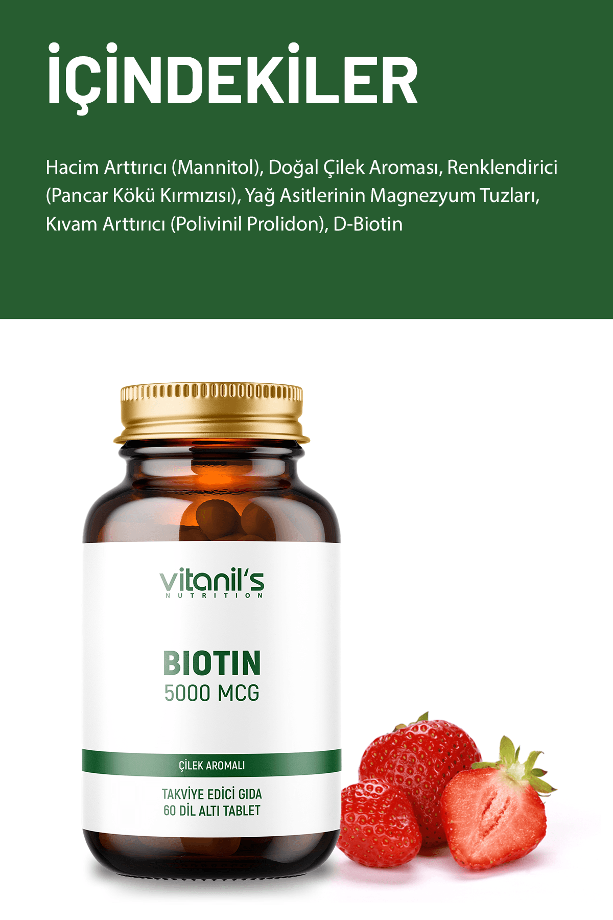 Biotin Chewable, Çilek Aromalı (B7 Vitamin) 60 Tablet - 5000 Mcg