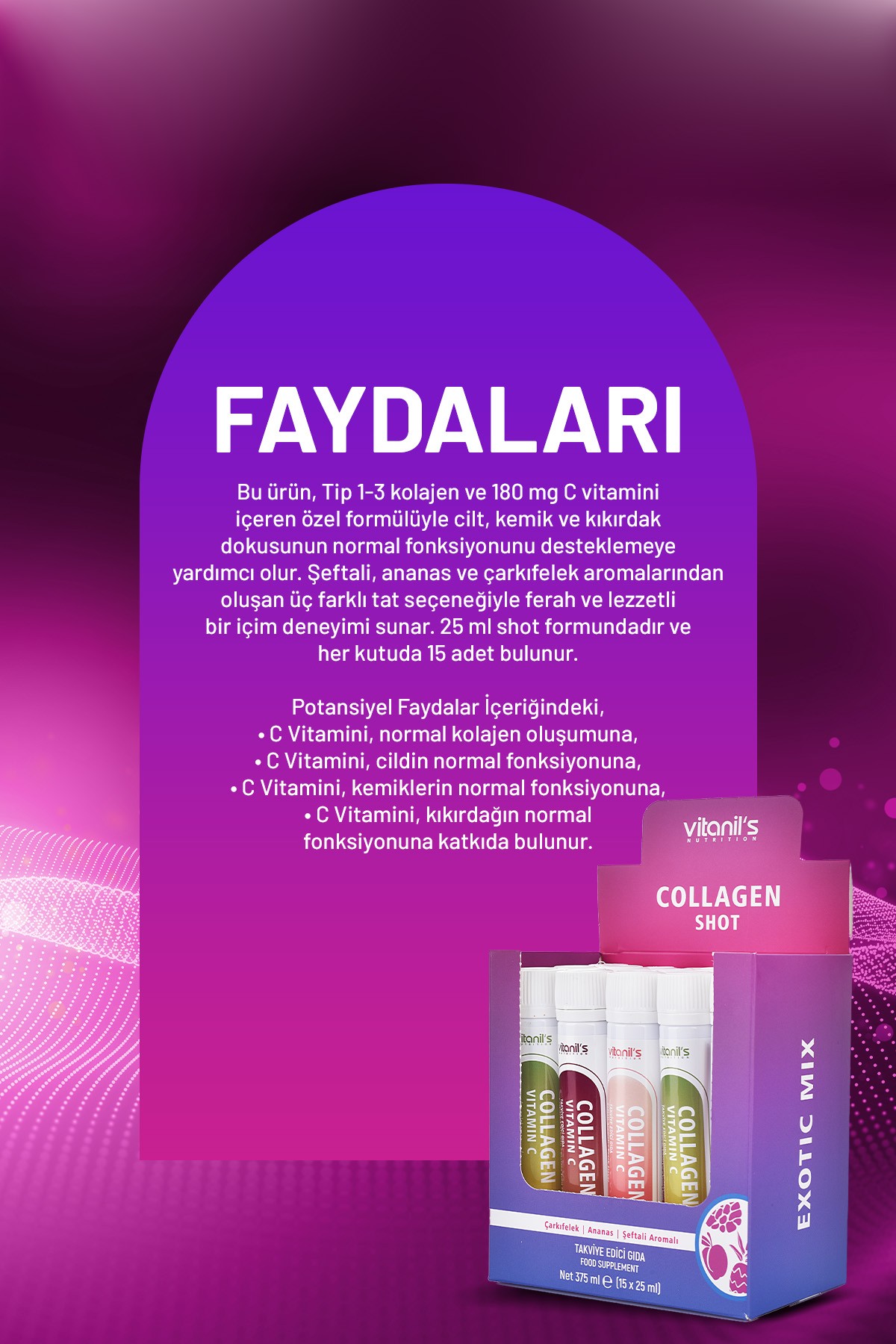 Collagen Shot Exotic (Mix Şeftali, Ananas, Çarkıfelek Aromalı C Vitamini) 15*25ML