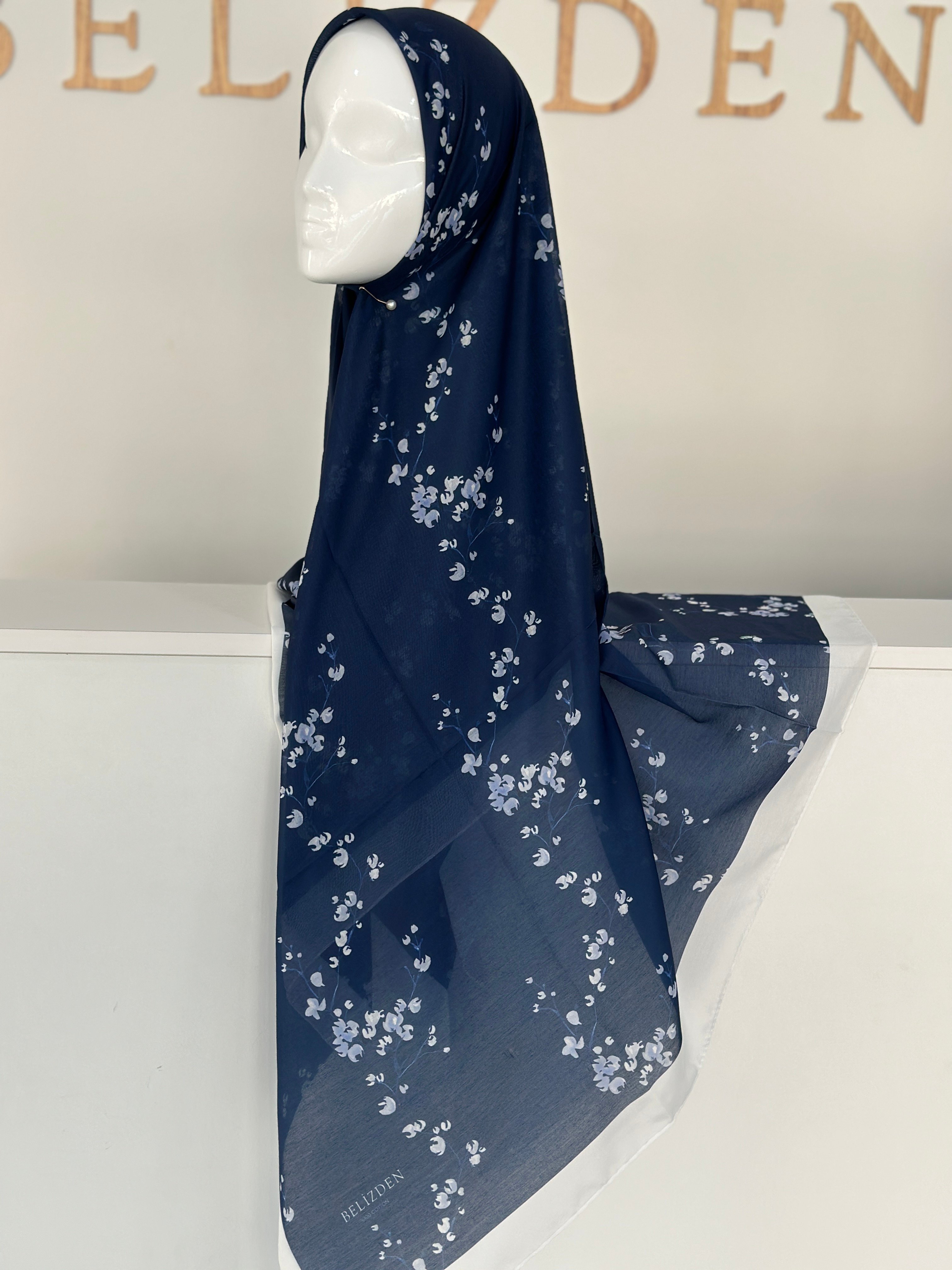 140x140 COTTON EŞARP ÇİÇEK  - LACİVERT ÇİÇEK 