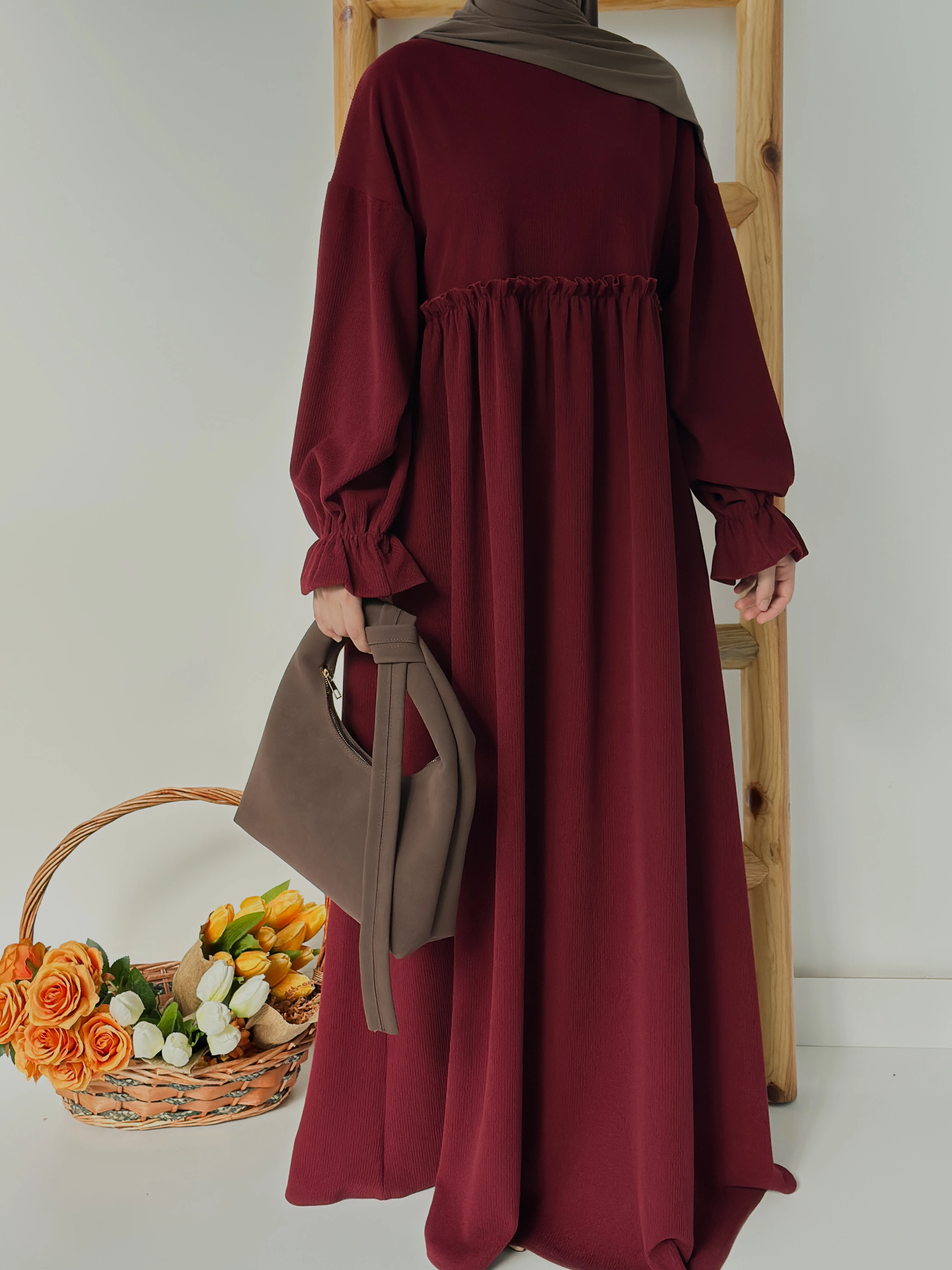 FİTİLLİ İNCİ ELBİSE  - BORDO