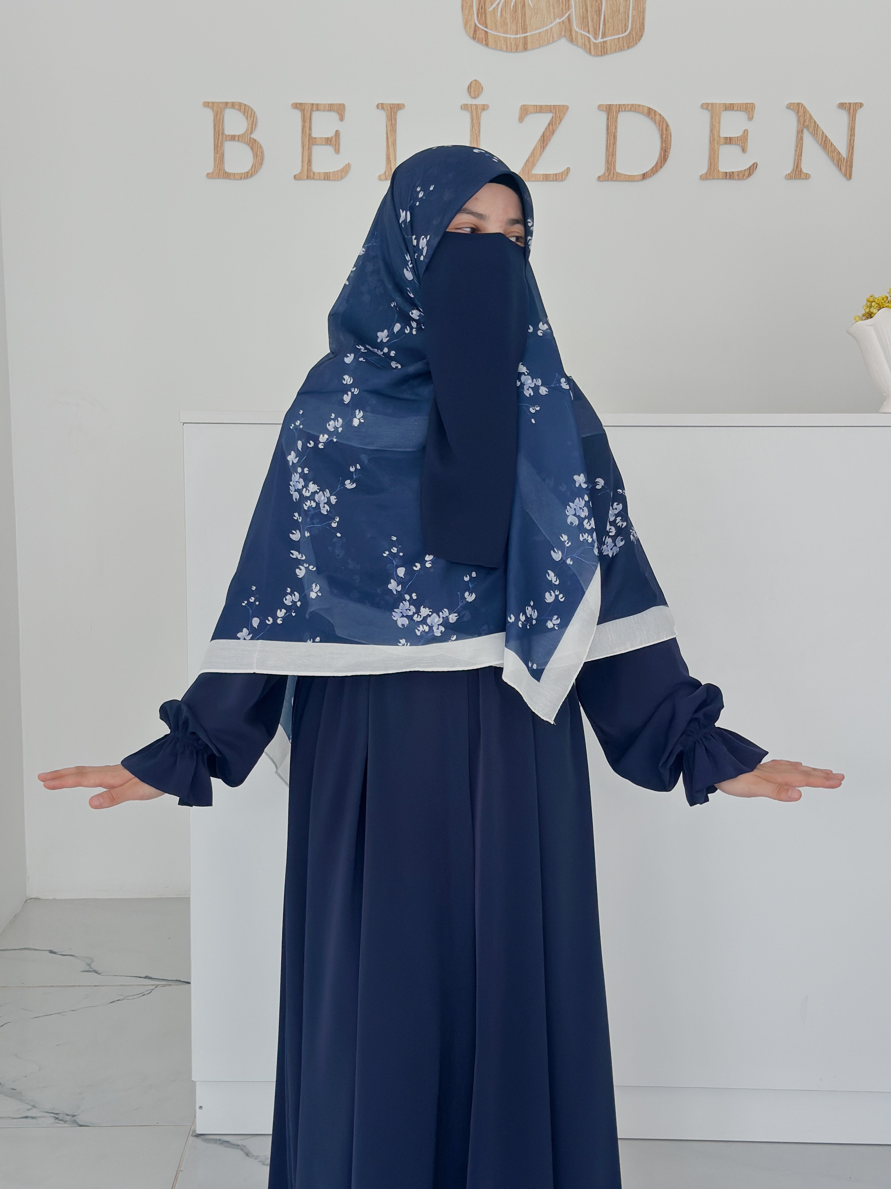 140x140 COTTON EŞARP ÇİÇEK  - LACİVERT ÇİÇEK 
