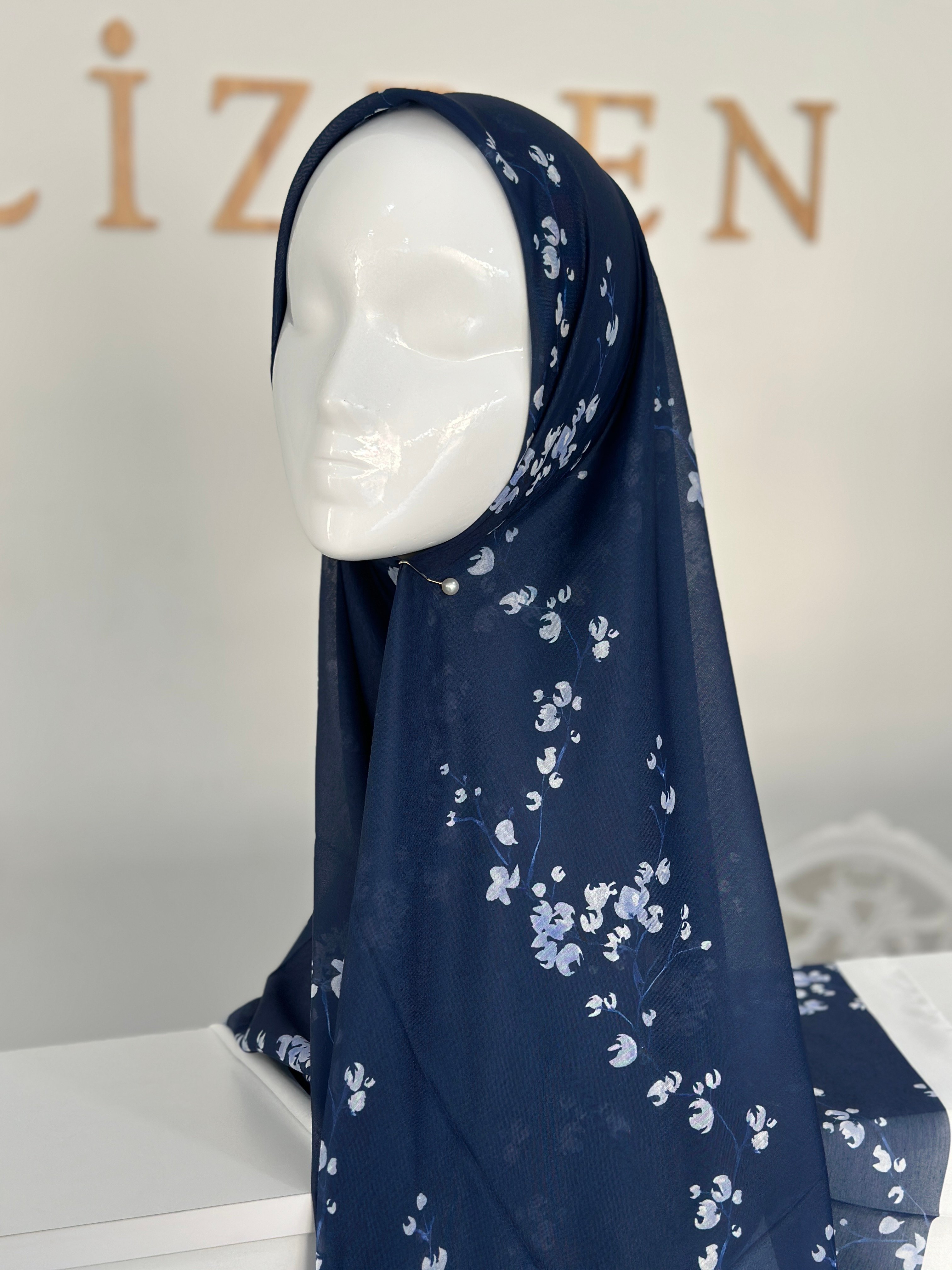 140x140 COTTON EŞARP ÇİÇEK  - LACİVERT ÇİÇEK 