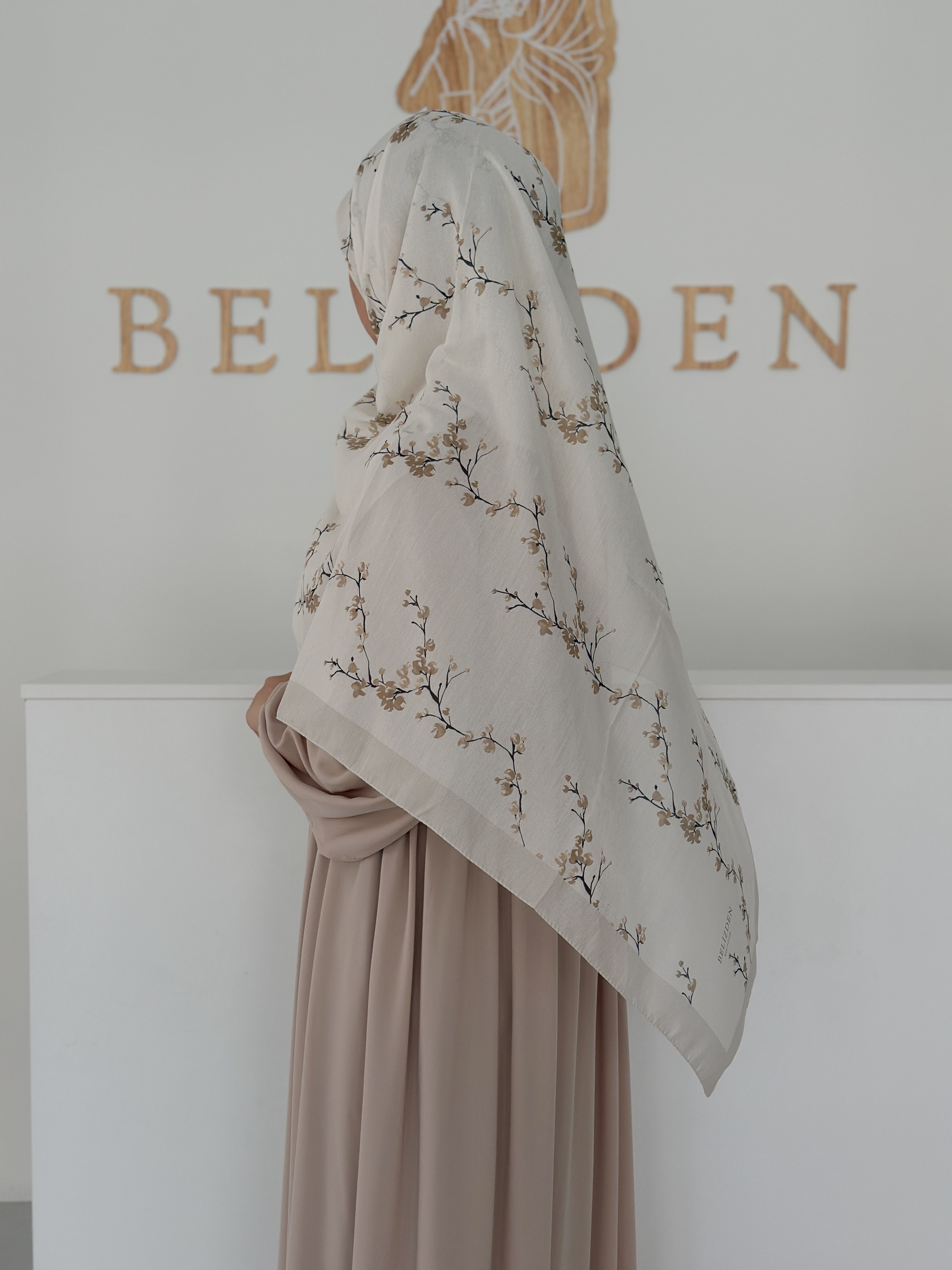 140x140 COTTON EŞARP ÇİÇEK  - BEJ HARDAL ÇİÇEK 