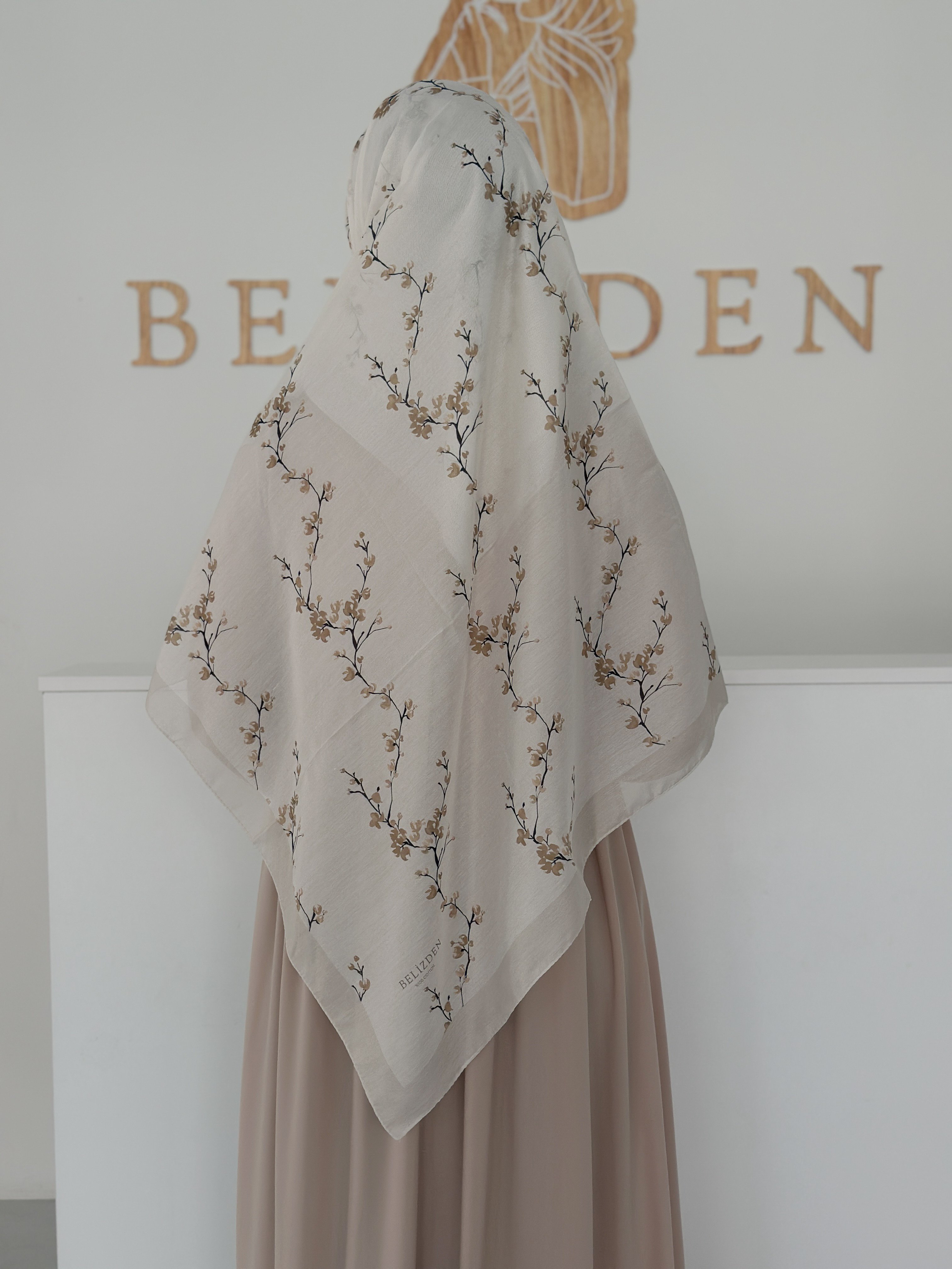 140x140 COTTON EŞARP ÇİÇEK  - BEJ HARDAL ÇİÇEK 