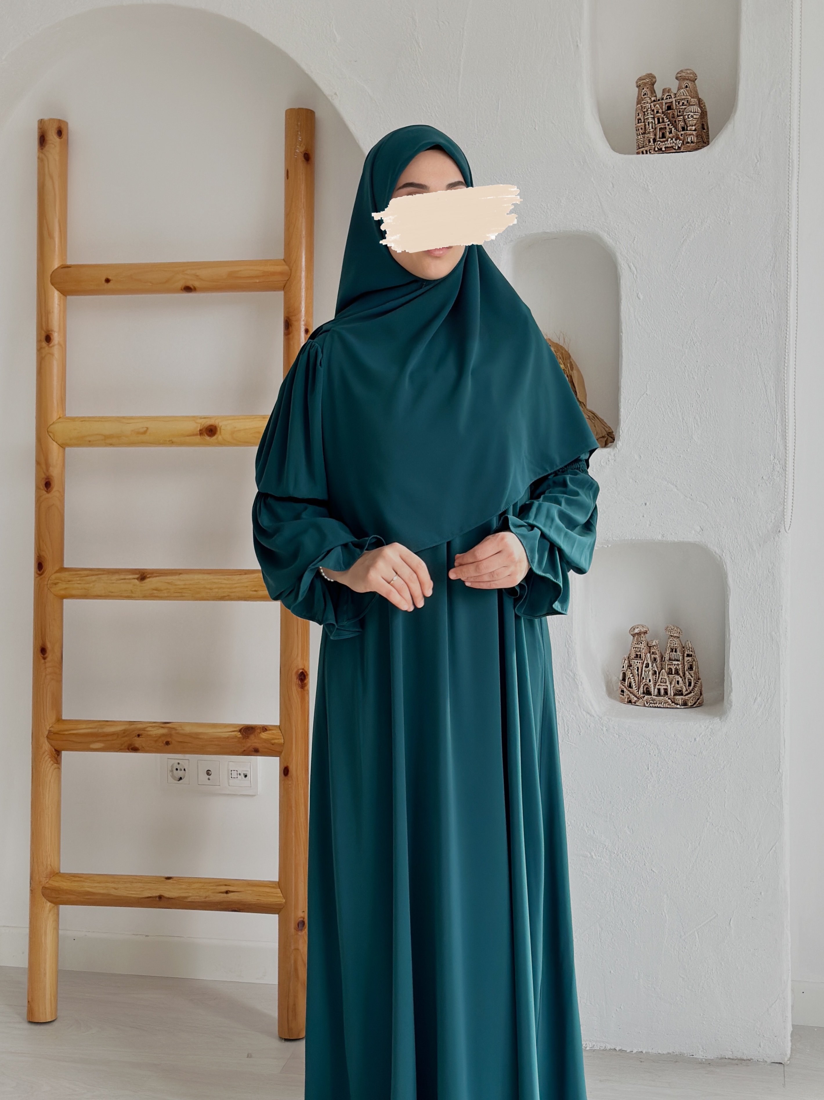 FİRUZE ELBİSE +FERMUARLI EŞARP - ZÜMRÜT