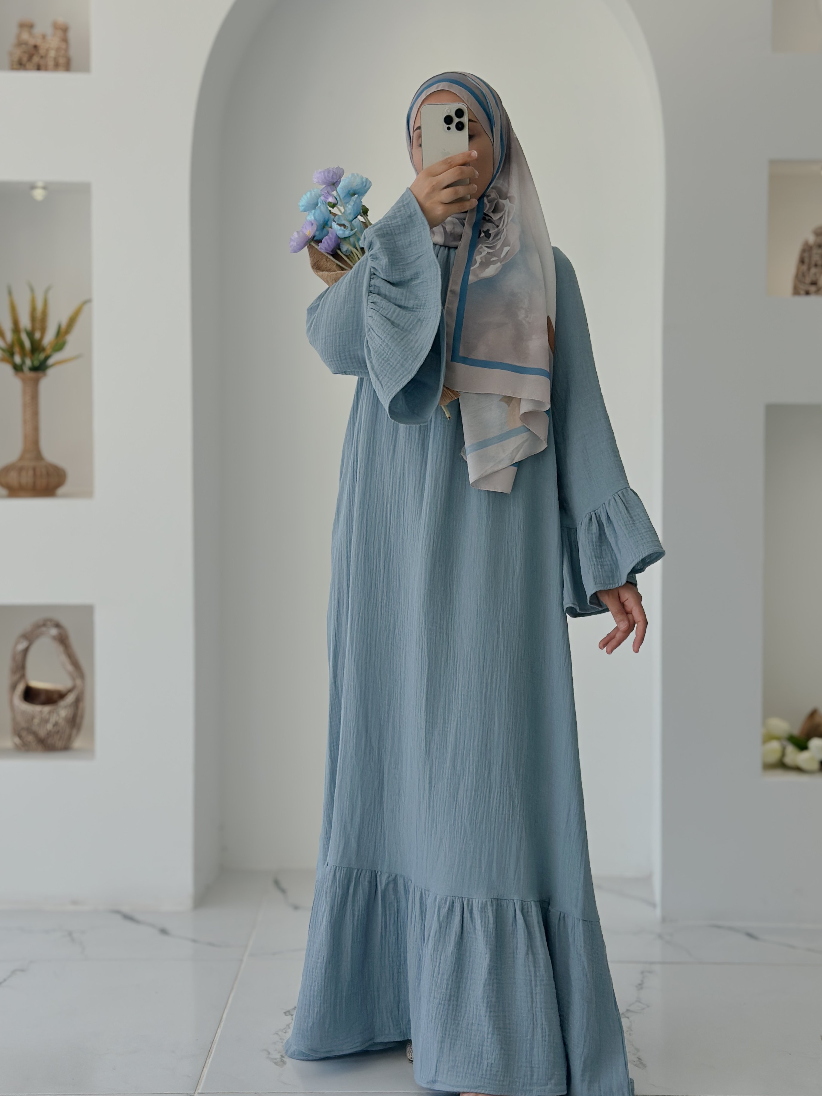BAHAR MUSLİN ELBİSE  - MAVİ