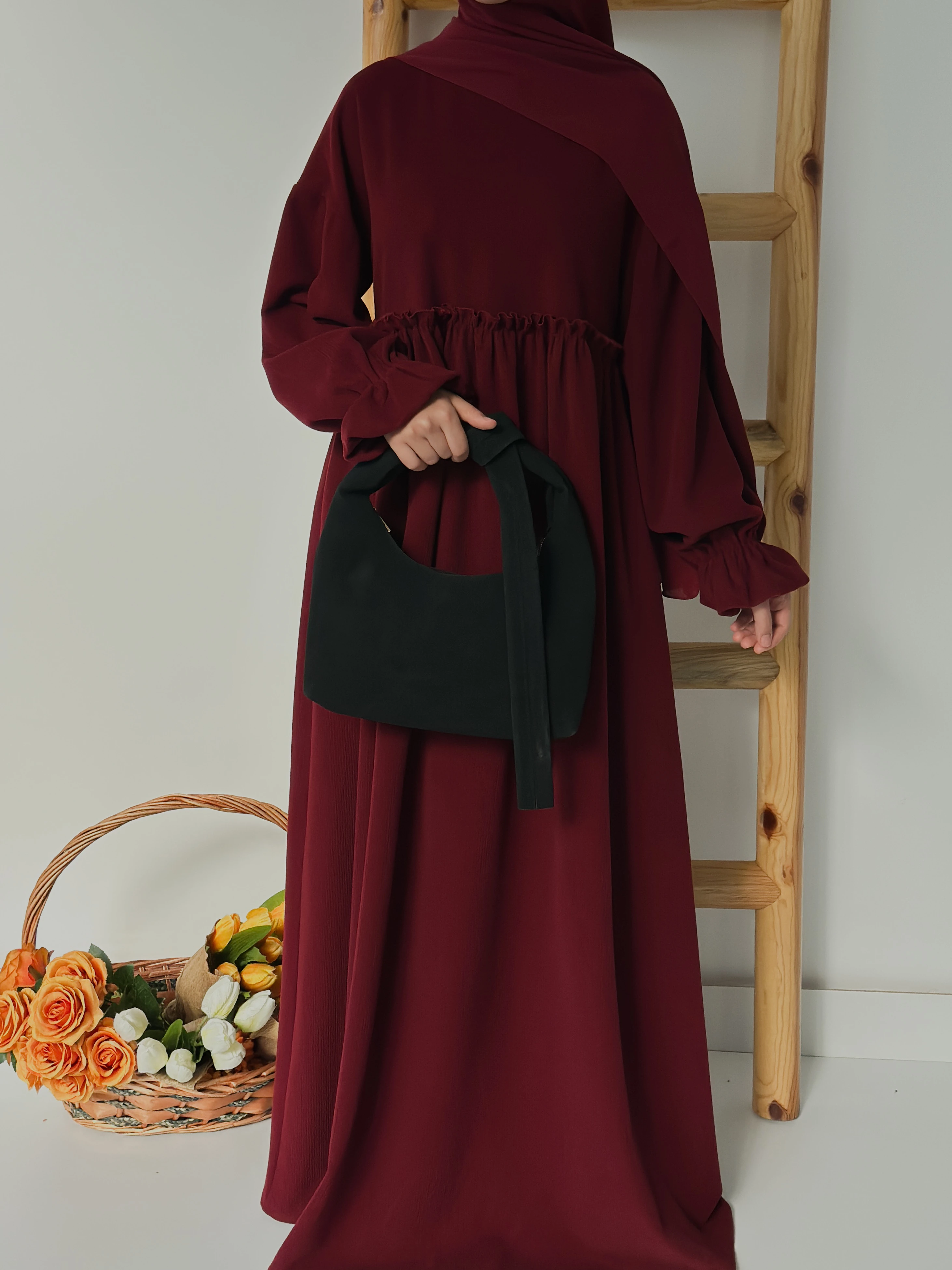 FİTİLLİ İNCİ ELBİSE  - BORDO