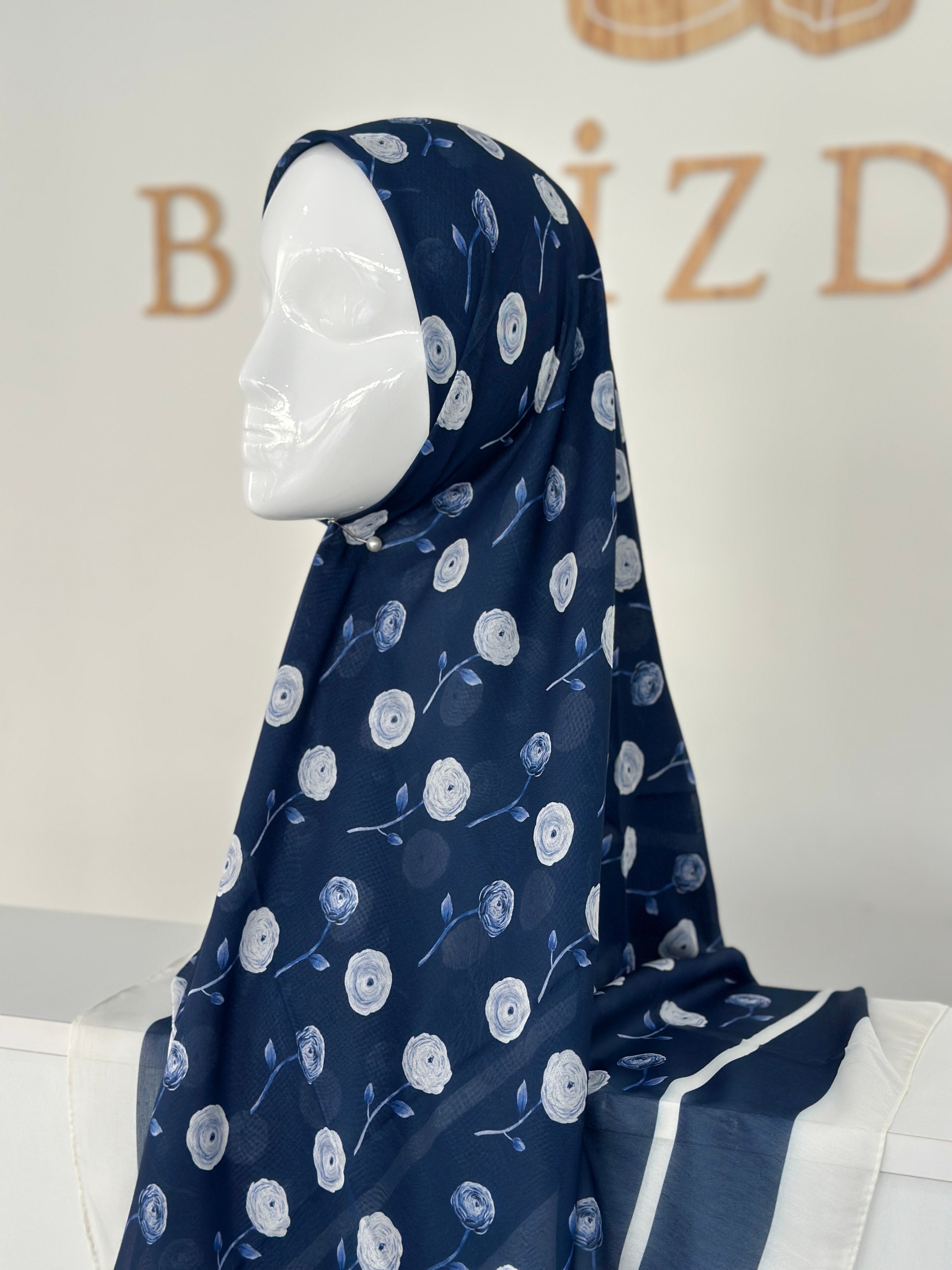 140x140 COTTON EŞARP GÜL - LACİVERT GÜL 