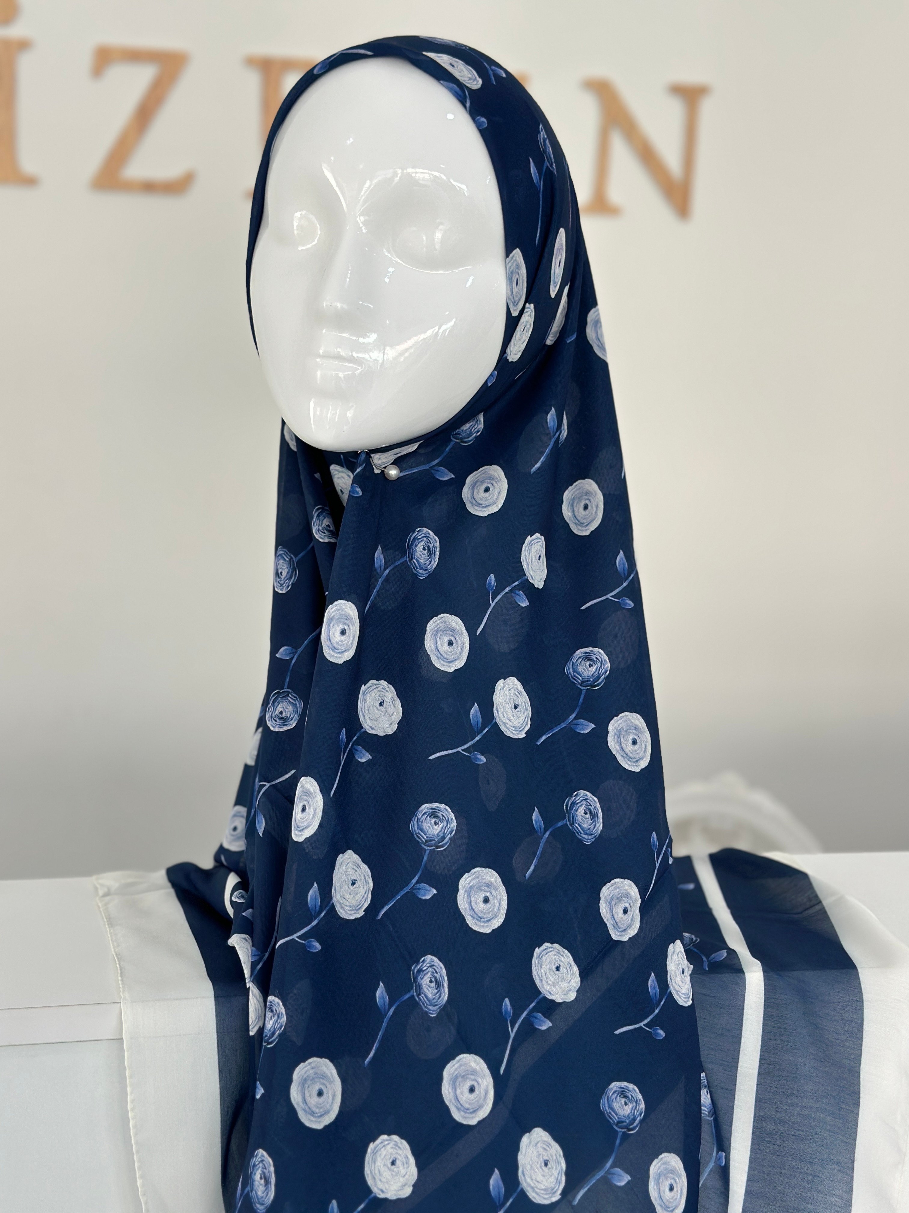 140x140 COTTON EŞARP GÜL - LACİVERT GÜL 