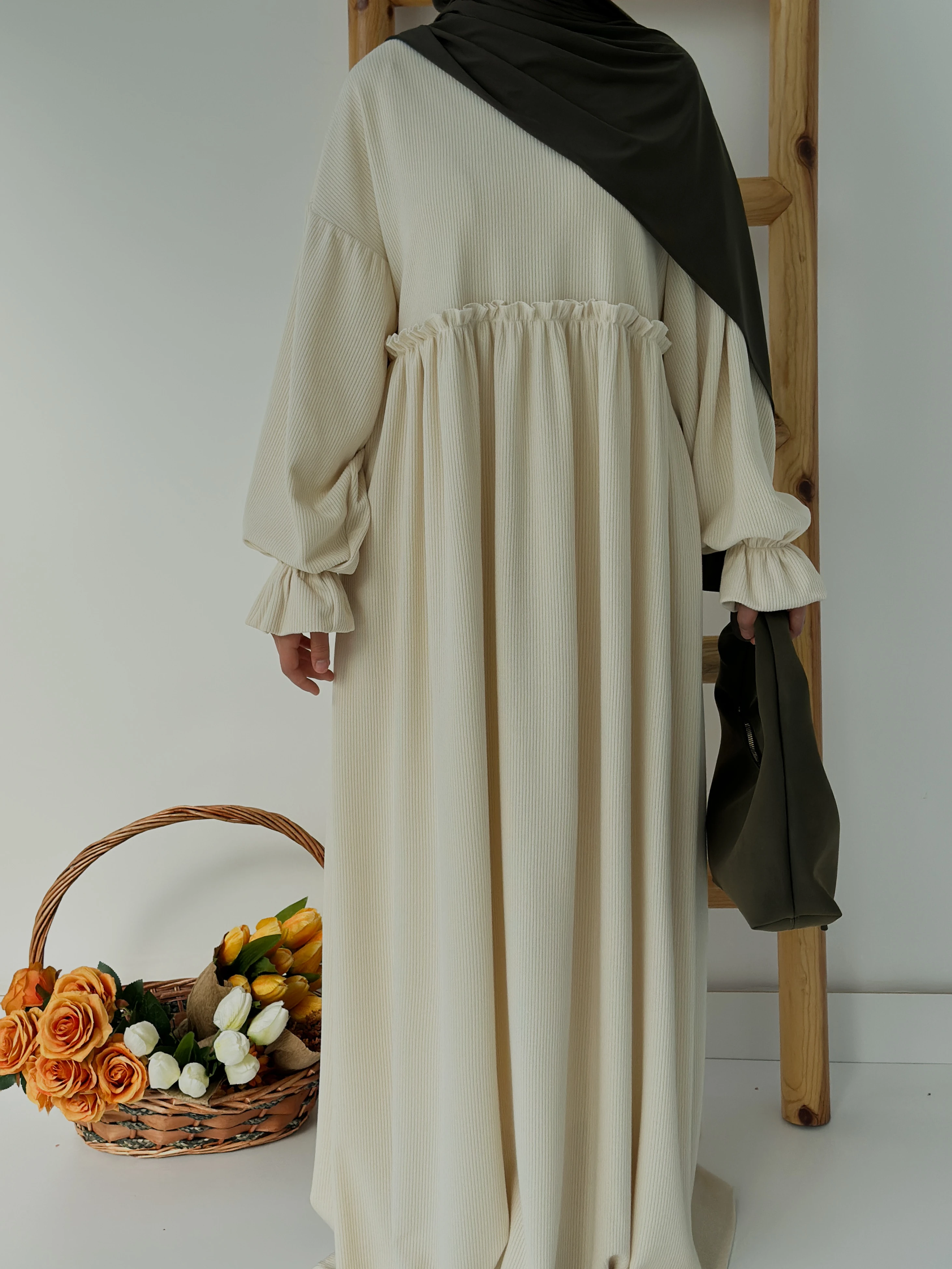 FİTİLLİ İNCİ ELBİSE  - EKRU