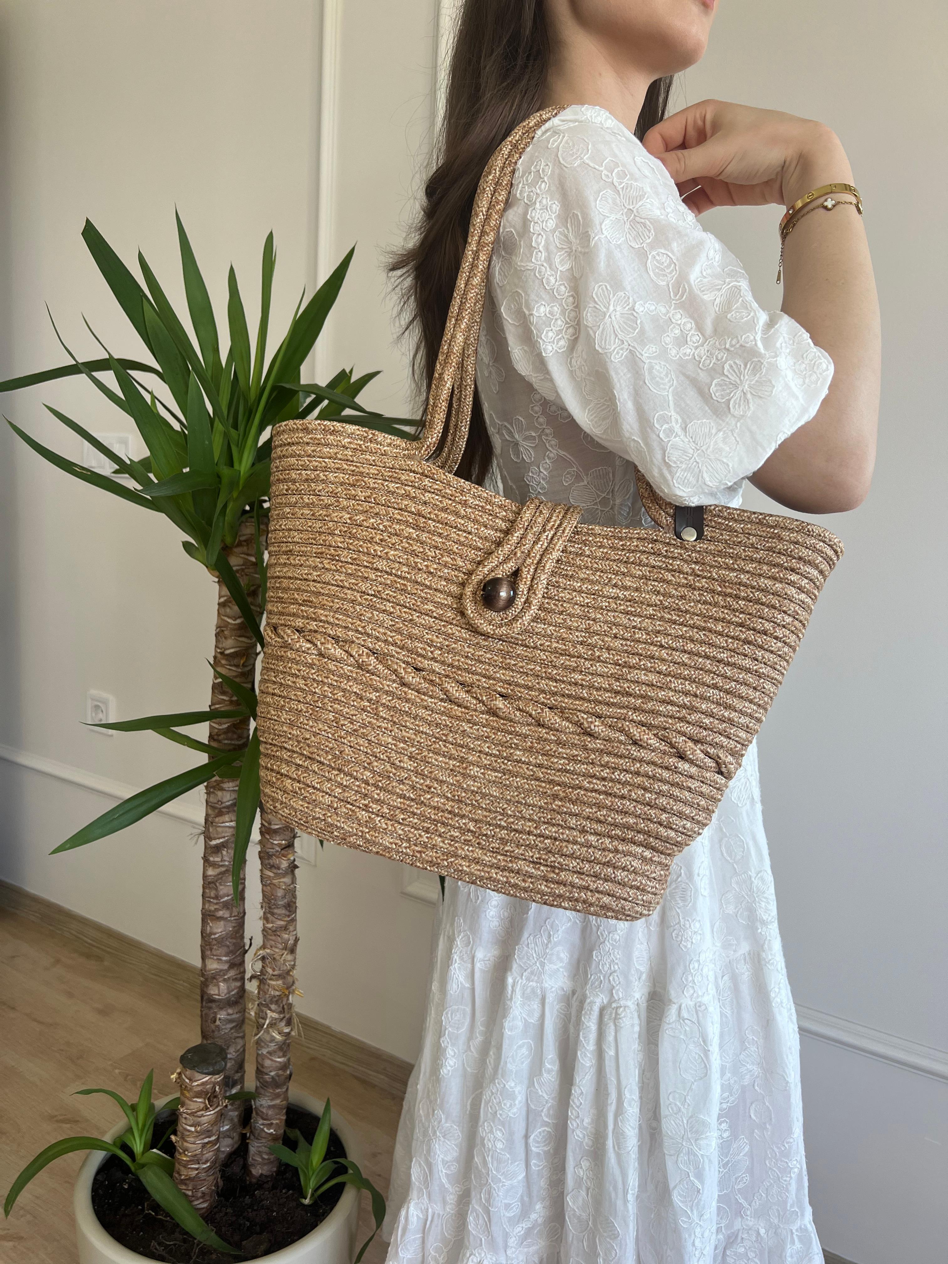 Vossa Handmade Düğmeli Hasır Omuz Çantası Krem 