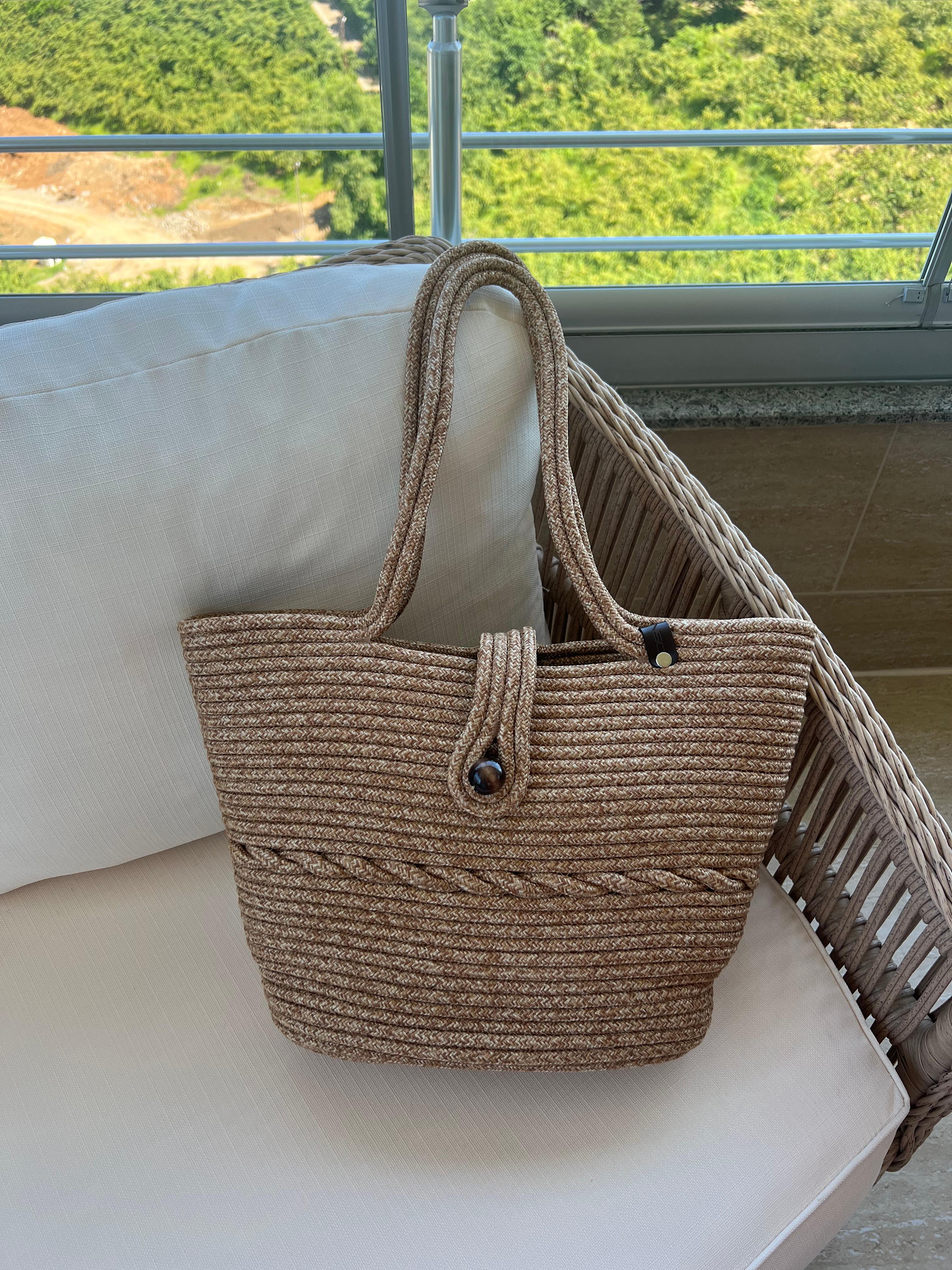 Vossa Handmade Düğmeli Hasır Omuz Çantası Krem 