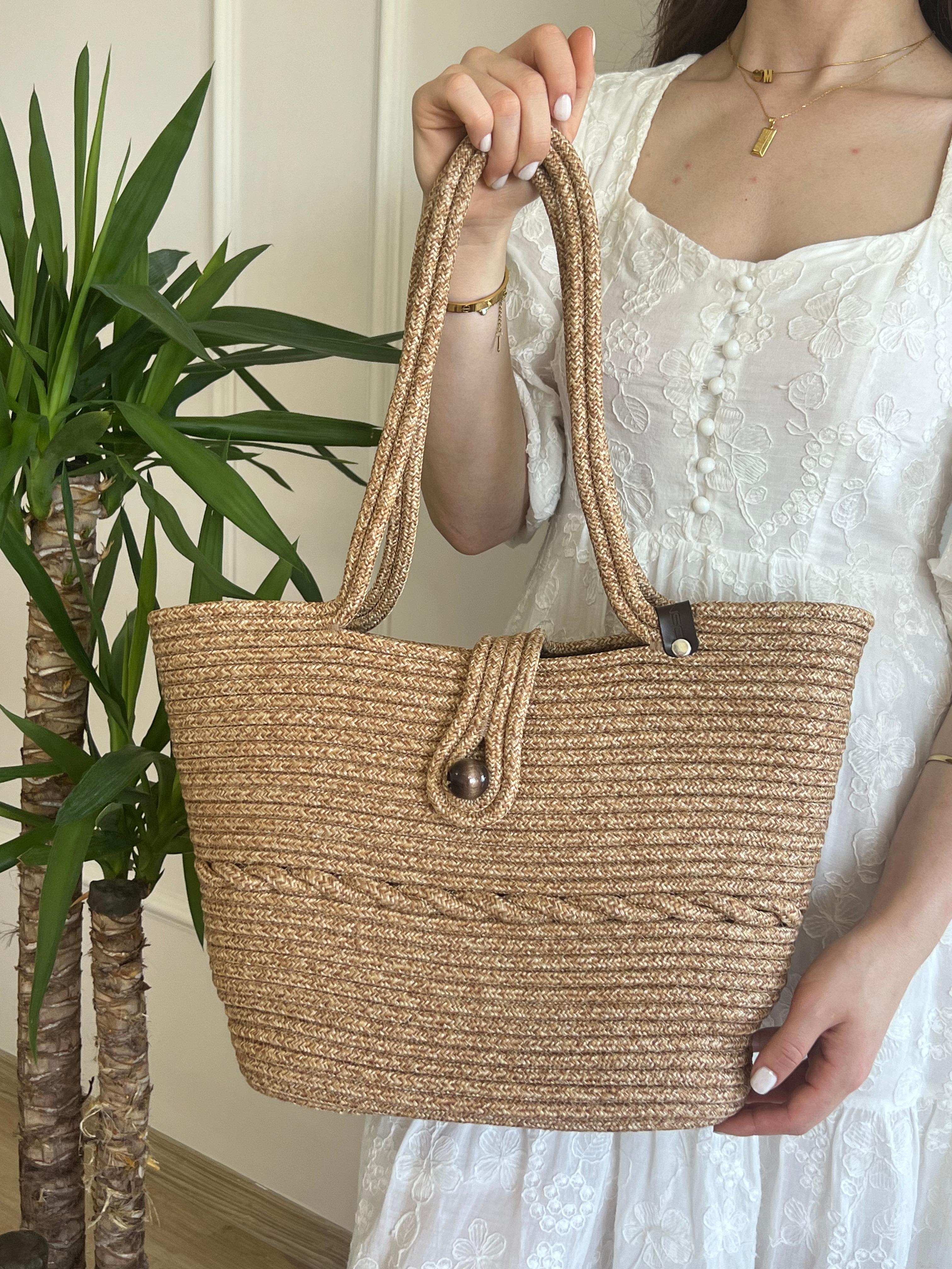 Vossa Handmade Düğmeli Hasır Omuz Çantası Krem 