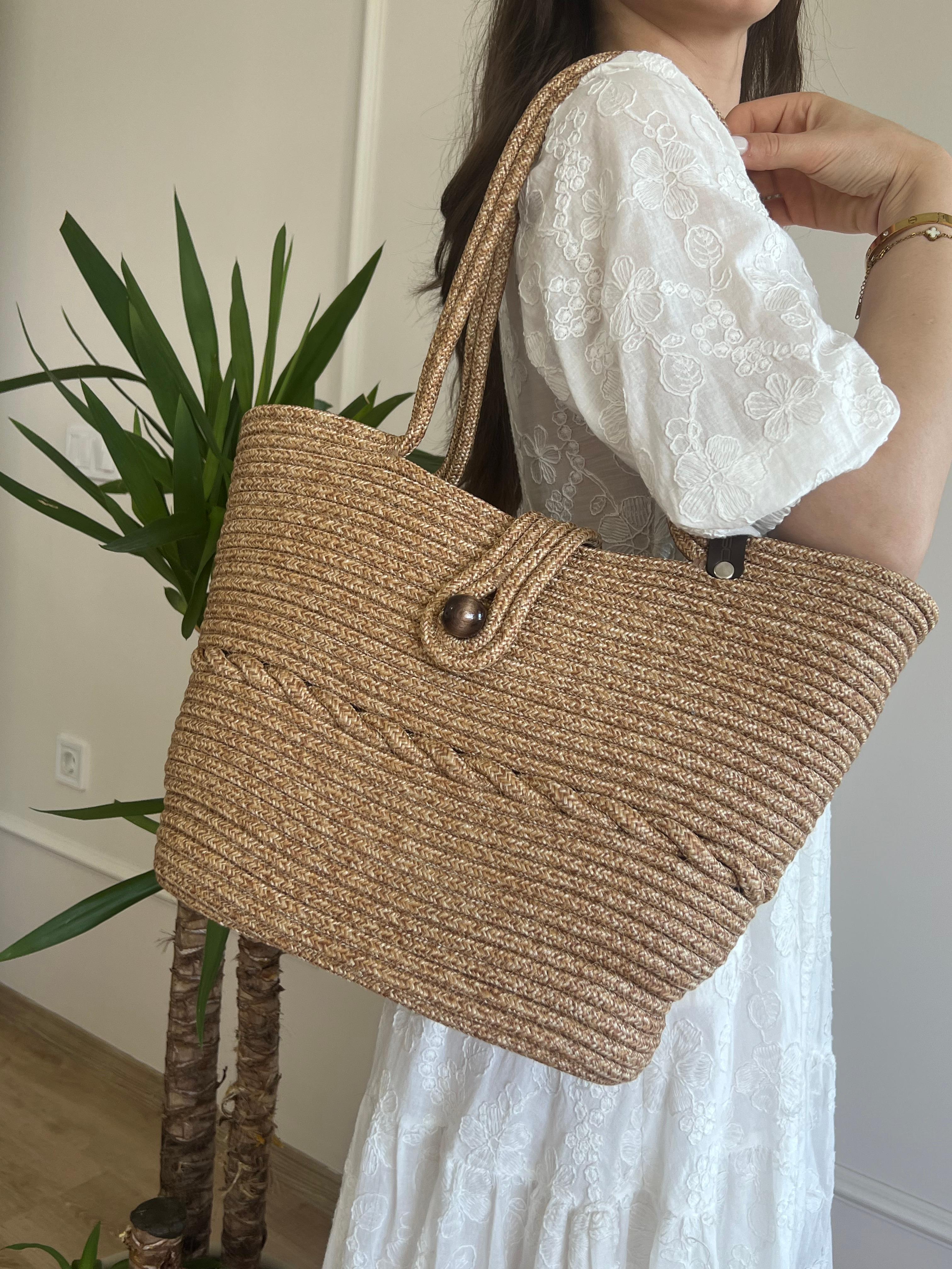 Vossa Handmade Düğmeli Hasır Omuz Çantası Krem 