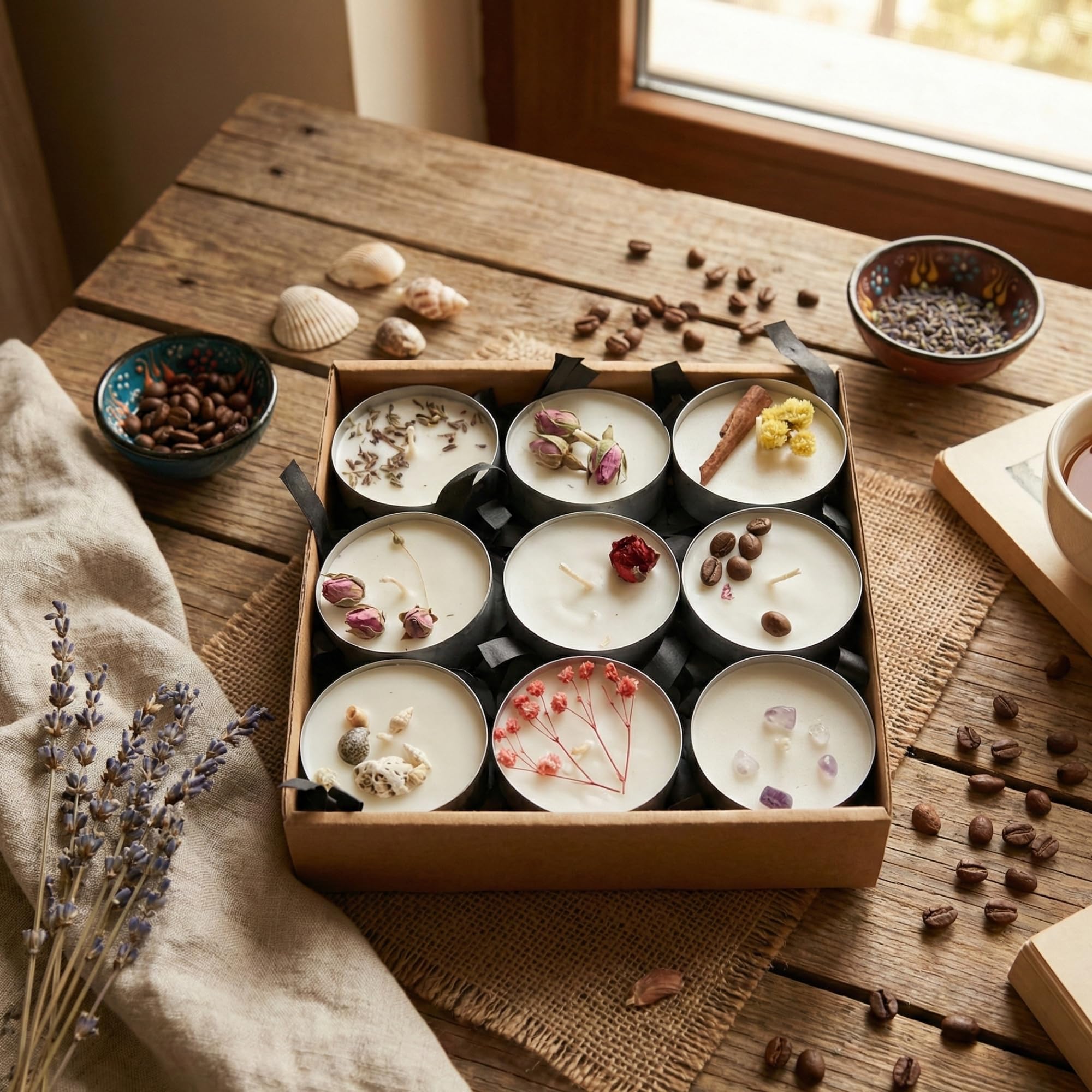 XL Boy Tealight Soya Mum – 9’lu Bundle (36 Normal Tealight Eşdeğer) – Tarçın, Mandalina, Sandal Ağacı Kokulu – 14 Saat Yanma Süresi – Doğal & El Yapımı Kokulu Mum