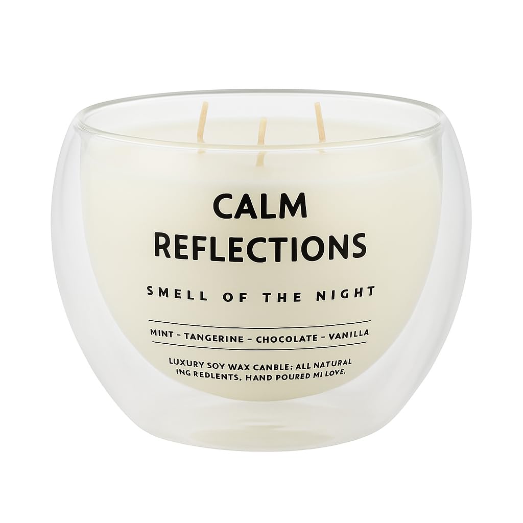 Calm Reflections, Çift Cidarlı mükemmel cam kase içinde doğal Soya Mumu – 10 oz – 40+ Saat Yanma Süresi – Nane, Mandalina, Çikolata & Vanilya Kokulu Mum – Aromaterapi & Hediye Mumu,
