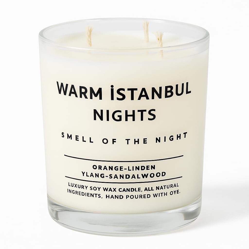 Warm Istanbul Nights | Premium Soya Mumu | 12 oz, 3 Fitilli, 45+ Saat Yanma süresi | Portakal, Ihlamur, Ylang & Sandal Ağacı | Organik Pamuk Fitil | Şık Cam içinde