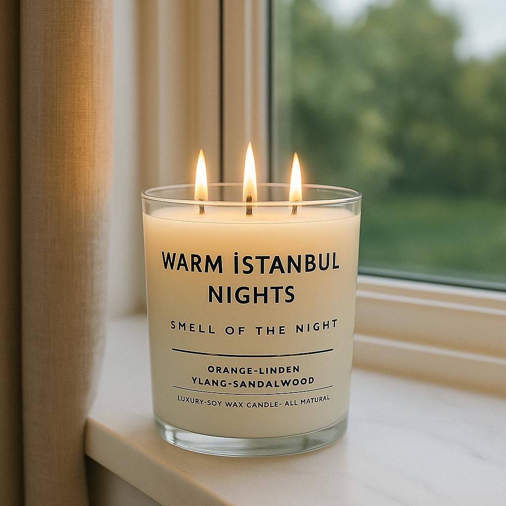 Warm Istanbul Nights | Premium Soya Mumu | 12 oz, 3 Fitilli, 45+ Saat Yanma süresi | Portakal, Ihlamur, Ylang & Sandal Ağacı | Organik Pamuk Fitil | Şık Cam içinde