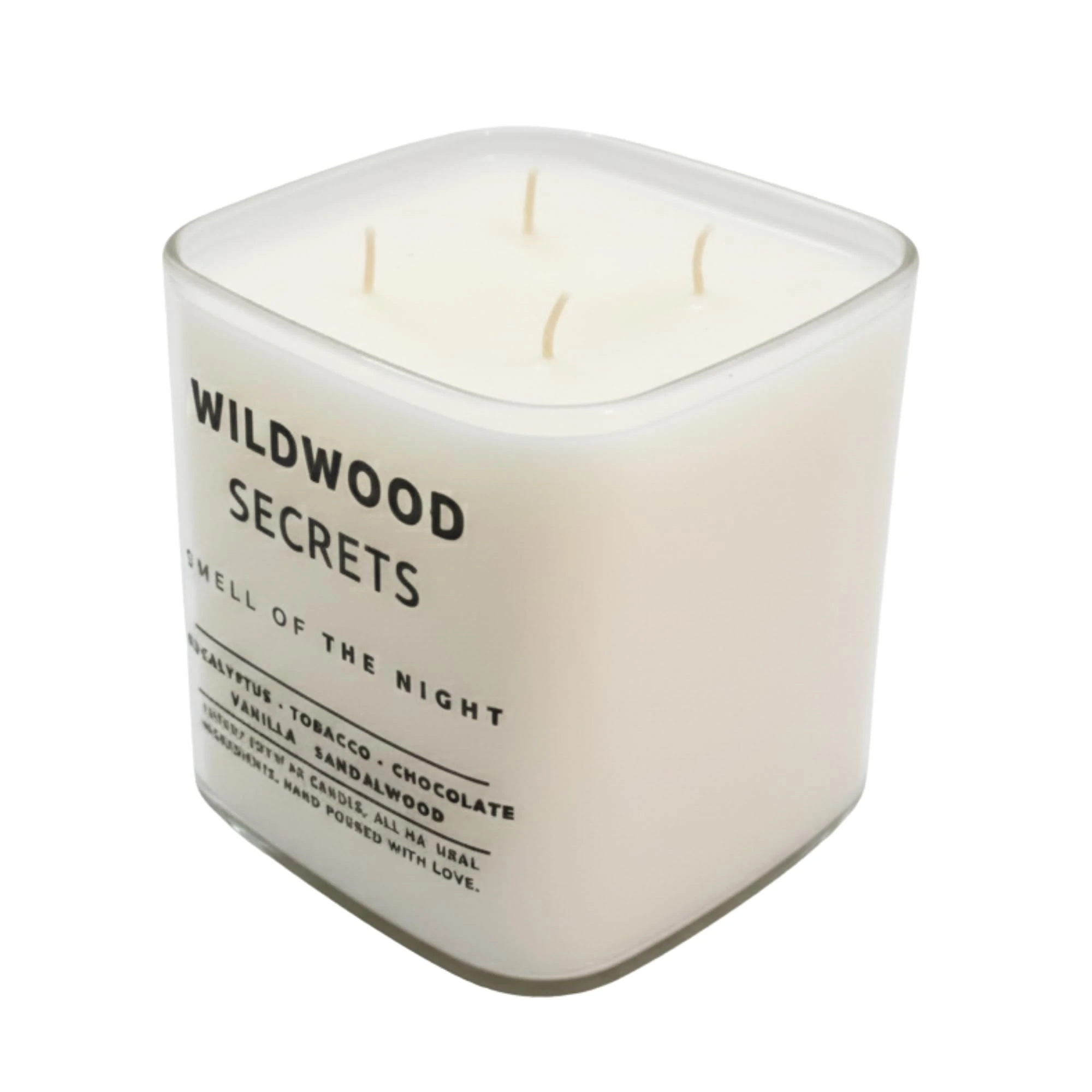 Wildwood Secret Lüks Aromaterapi Mumu |%100 Doğal Soya Wax | Okaliptüs, Tütün, Vanilya & Sandal Ağacı Kokulu | 4x Pamuk Fitilli | El Yapımı Fitiller | 50+ Saat Ultra Uzun Yanma Süresi | Tekrar Kullan