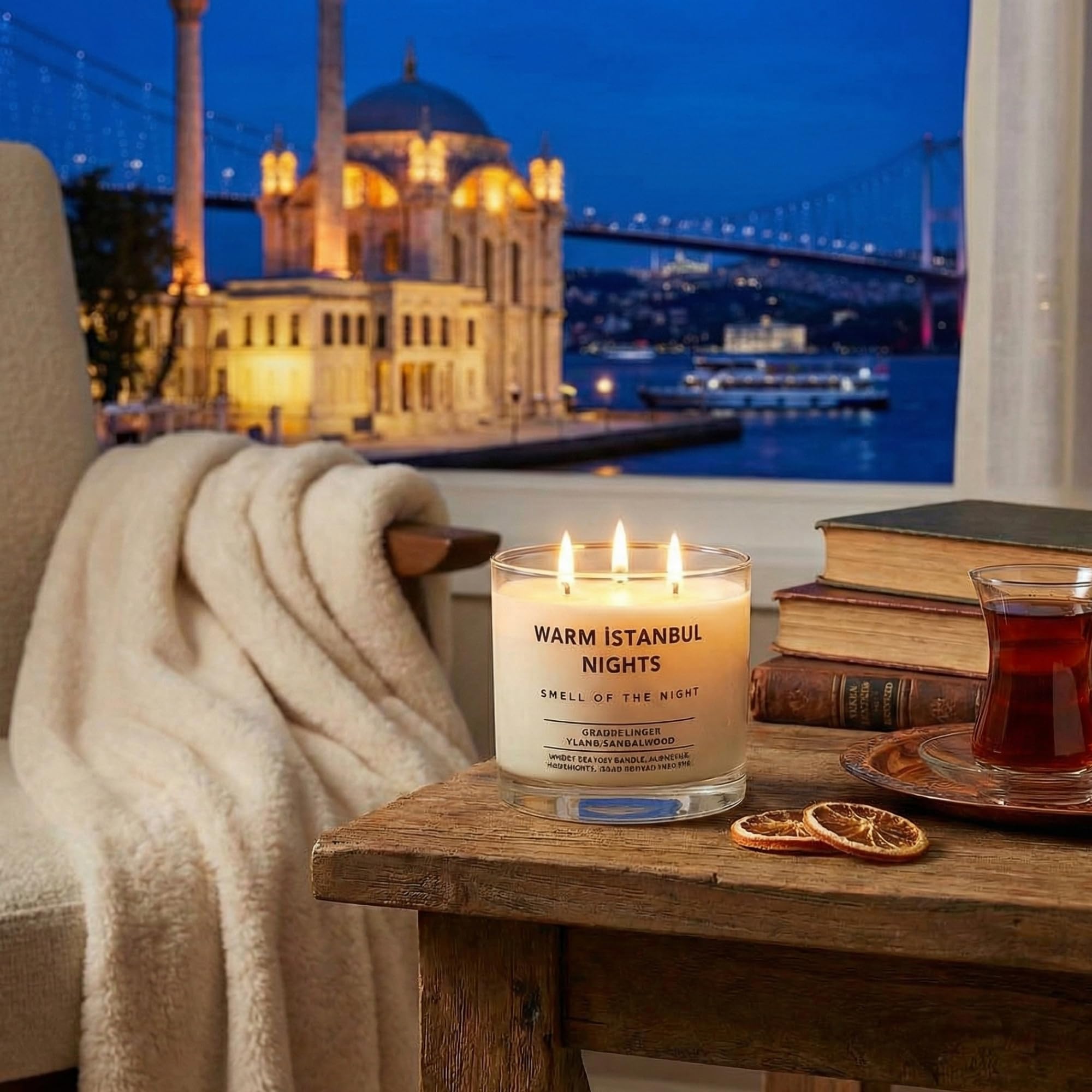 Warm Istanbul Nights | Premium Soya Mumu | 12 oz, 3 Fitilli, 45+ Saat Yanma süresi | Portakal, Ihlamur, Ylang & Sandal Ağacı | Organik Pamuk Fitil | Şık Cam içinde