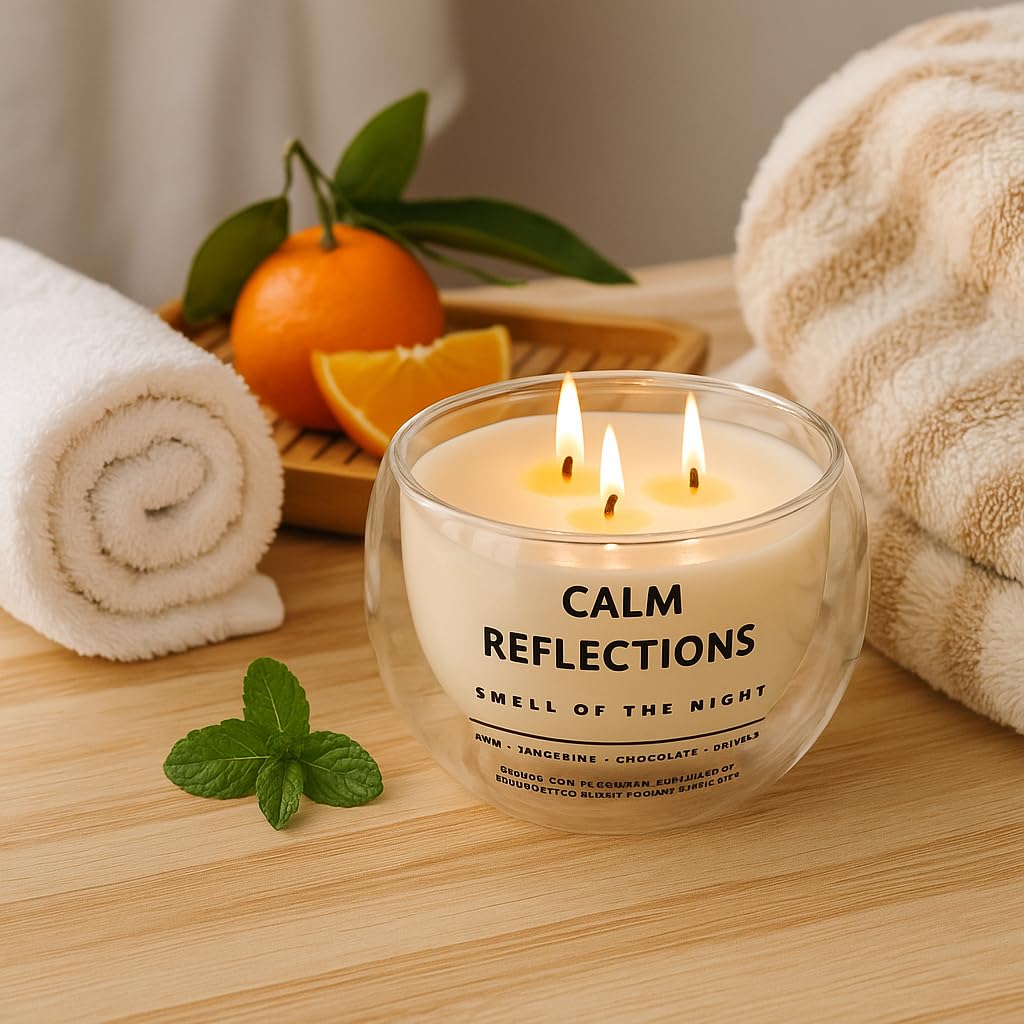 Calm Reflections, Çift Cidarlı mükemmel cam kase içinde doğal Soya Mumu – 10 oz – 40+ Saat Yanma Süresi – Nane, Mandalina, Çikolata & Vanilya Kokulu Mum – Aromaterapi & Hediye Mumu,