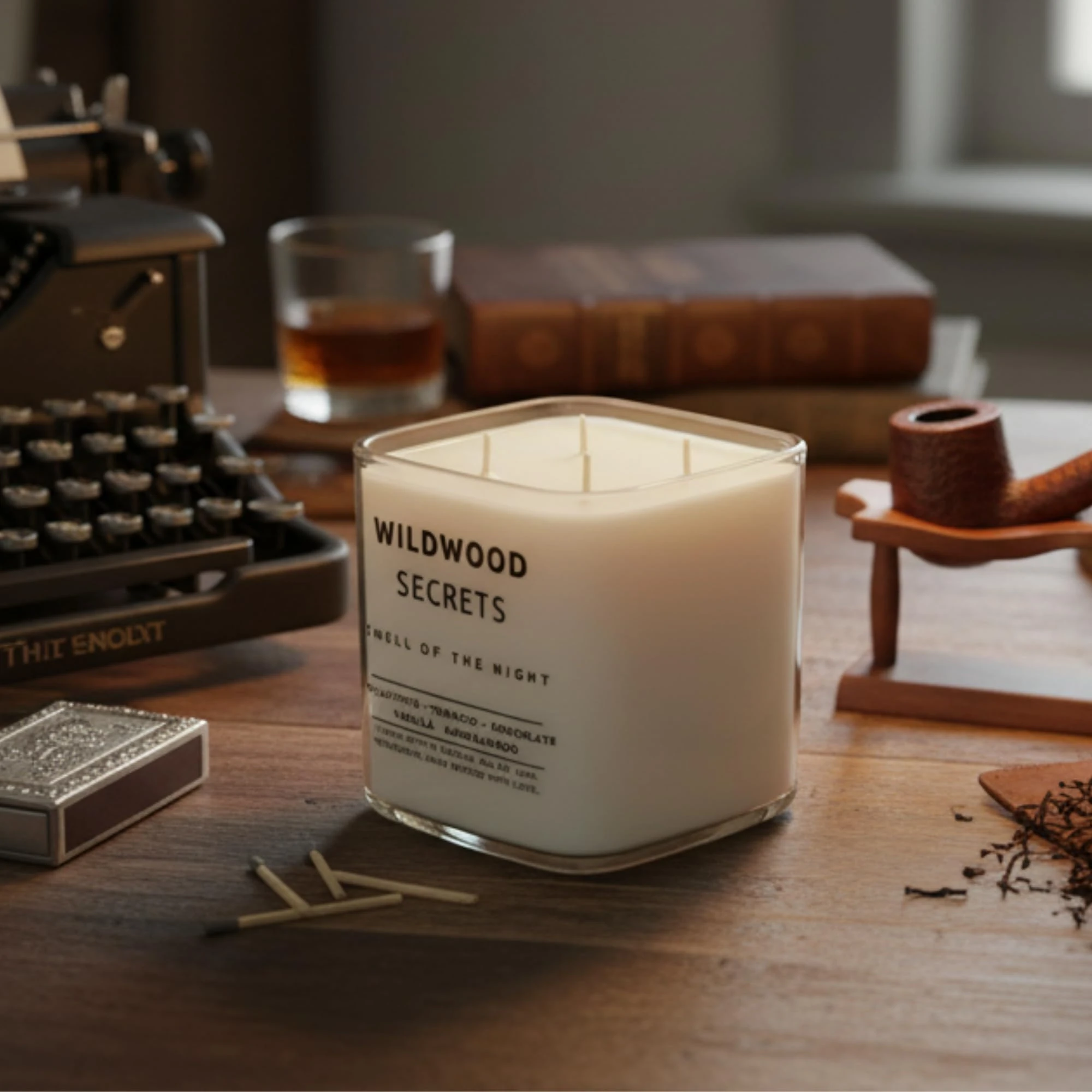 Wildwood Secret Lüks Aromaterapi Mumu |%100 Doğal Soya Wax | Okaliptüs, Tütün, Vanilya & Sandal Ağacı Kokulu | 4x Pamuk Fitilli | El Yapımı Fitiller | 50+ Saat Ultra Uzun Yanma Süresi | Tekrar Kullan