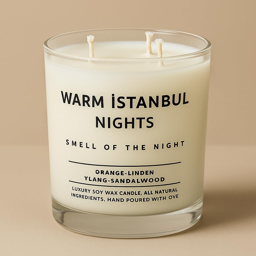 Warm Istanbul Nights | Premium Soya Mumu | 12 oz, 3 Fitilli, 45+ Saat Yanma süresi | Portakal, Ihlamur, Ylang & Sandal Ağacı | Organik Pamuk Fitil | Şık Cam içinde