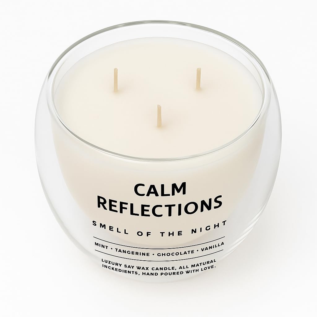 Calm Reflections, Çift Cidarlı mükemmel cam kase içinde doğal Soya Mumu – 10 oz – 40+ Saat Yanma Süresi – Nane, Mandalina, Çikolata & Vanilya Kokulu Mum – Aromaterapi & Hediye Mumu,