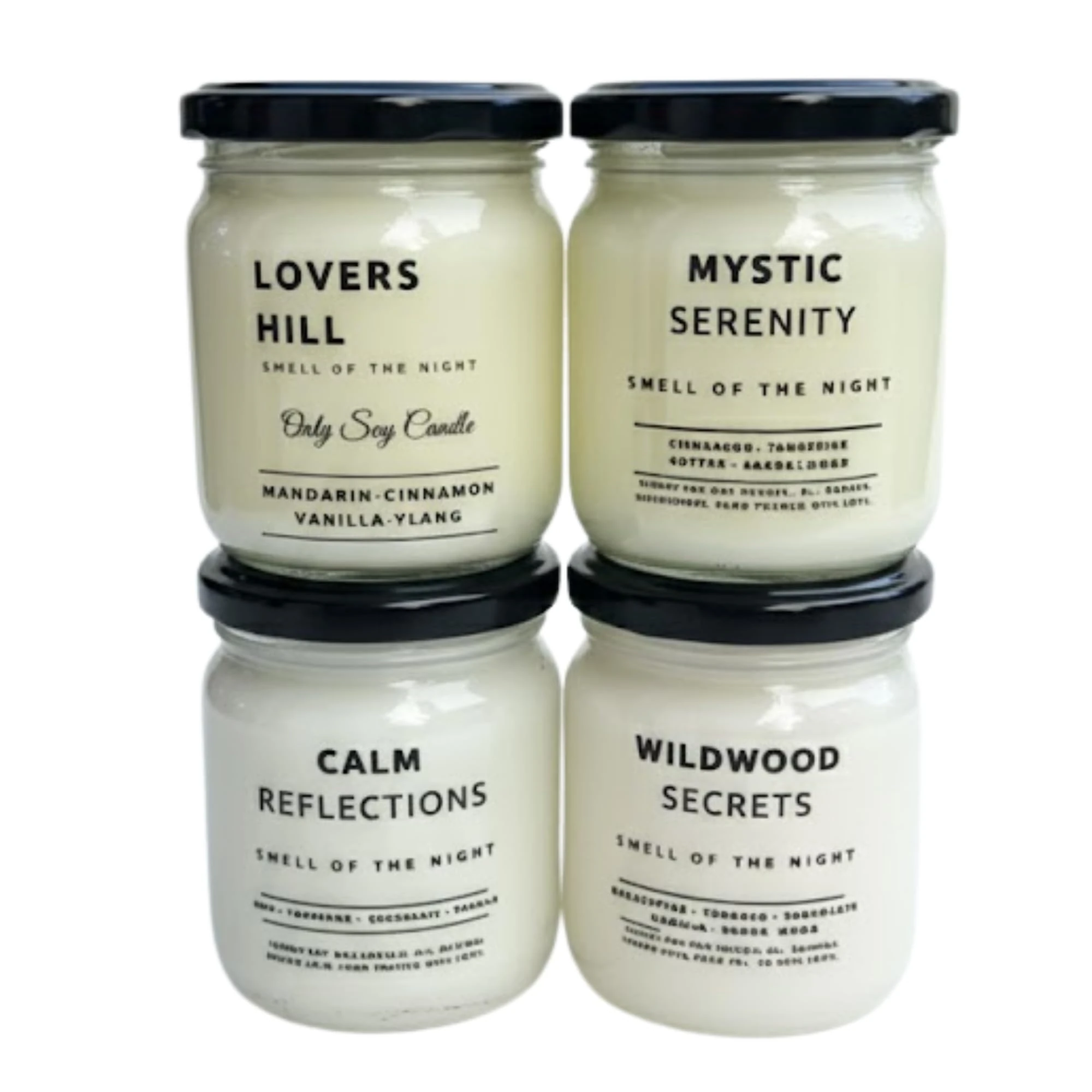 Smell of the Night 4’lü Premium Soya Mumu Seti | Calm Reflections, Wildwood Secrets, Mystic Serenity, Lovers Hill | 7 oz Cam Kavanoz | 40+ Saat Yanma | Doğal, Paraben İçermez, Hediye Seti