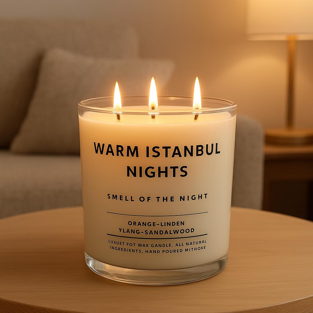 Warm Istanbul Nights | Premium Soya Mumu | 12 oz, 3 Fitilli, 45+ Saat Yanma süresi | Portakal, Ihlamur, Ylang & Sandal Ağacı | Organik Pamuk Fitil | Şık Cam içinde