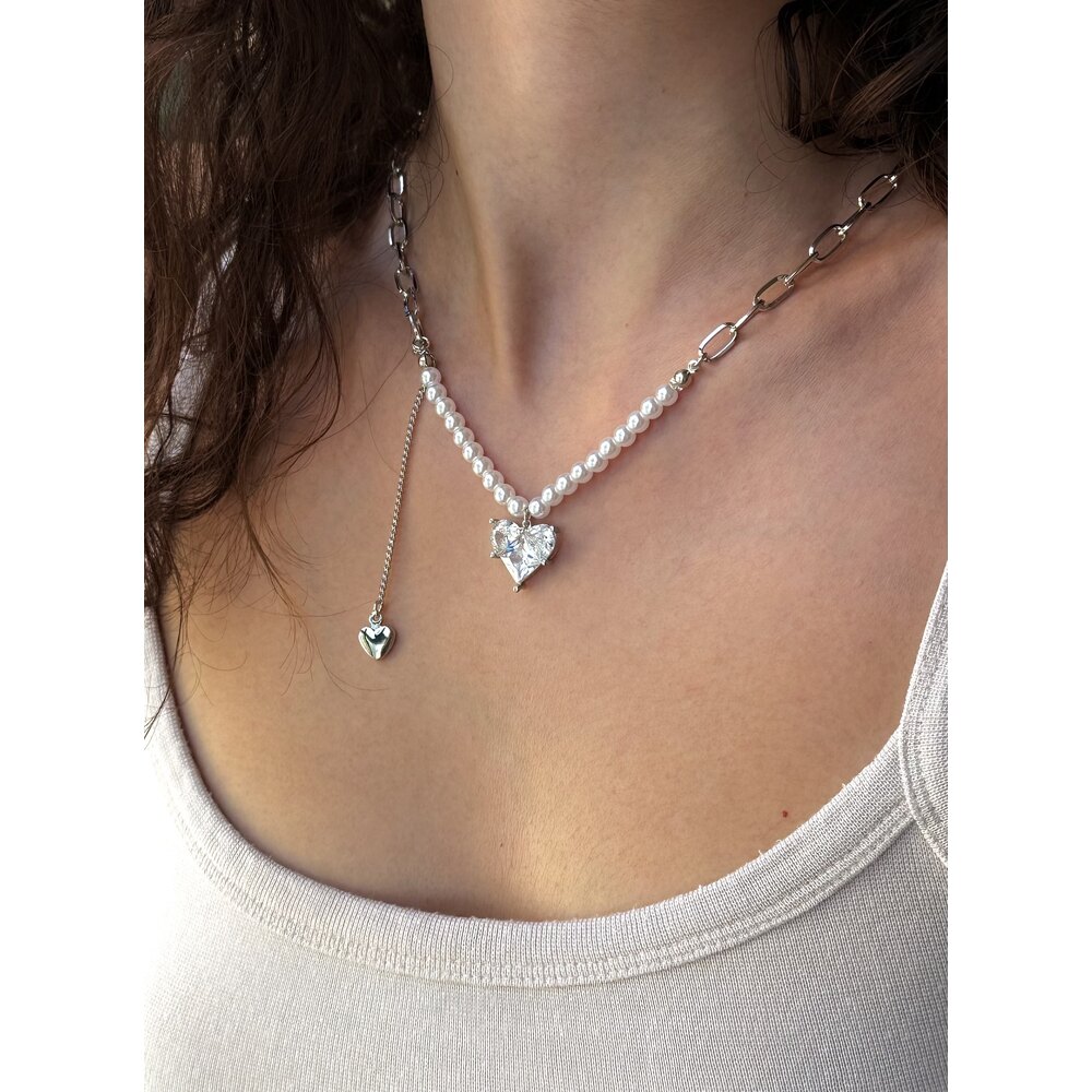 Zirkon Taş Kalp İncili Çelik Kolye