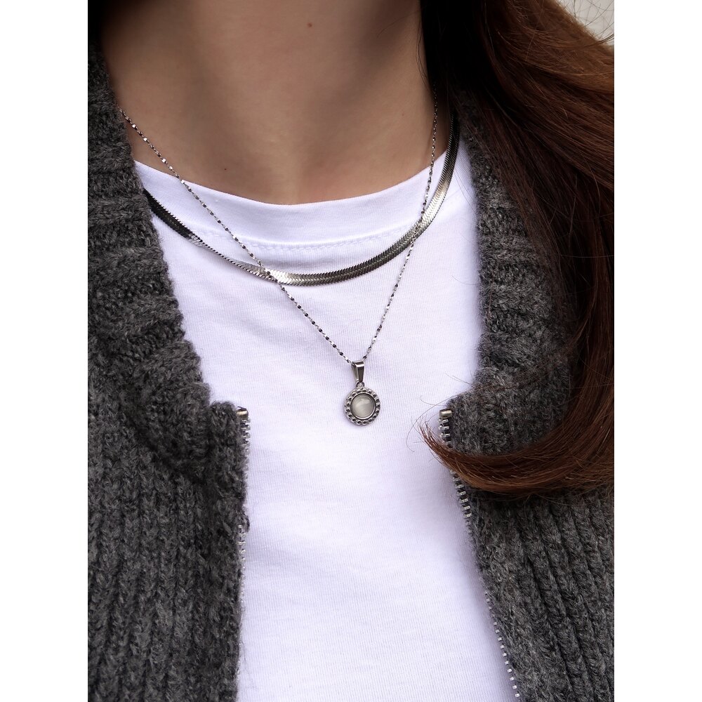 Gri Mineli Silver Çelik Kolye