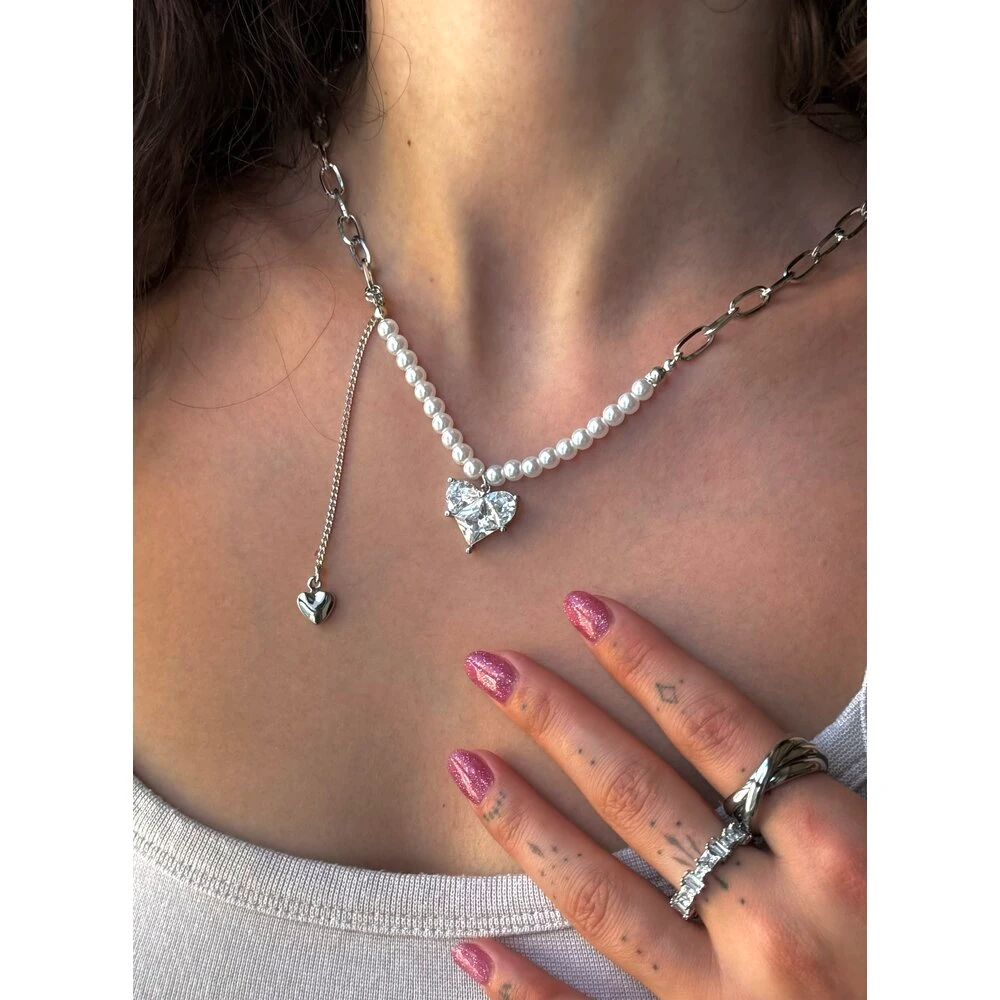 Zirkon Taş Kalp İncili Çelik Kolye