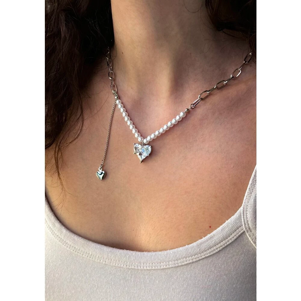 Zirkon Taş Kalp İncili Çelik Kolye