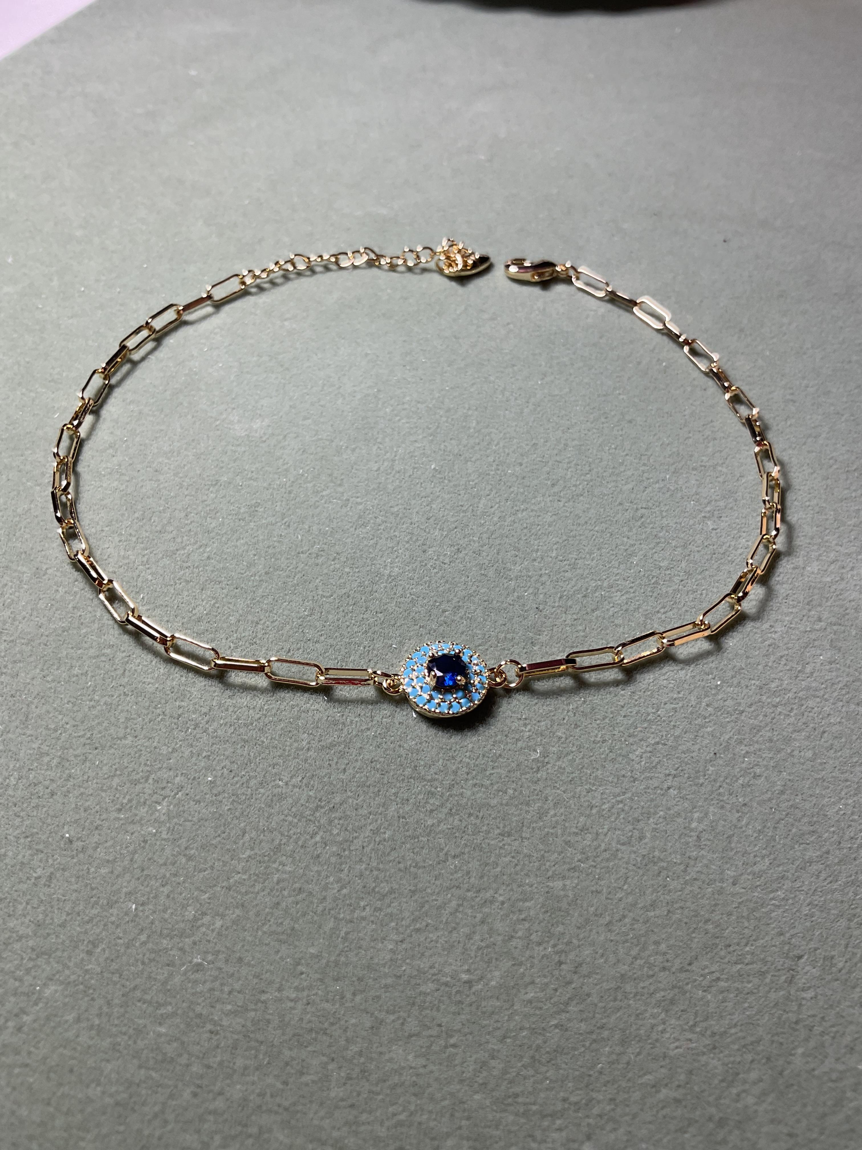 Ataş zincirli mavi taşlı göz model gold halhal