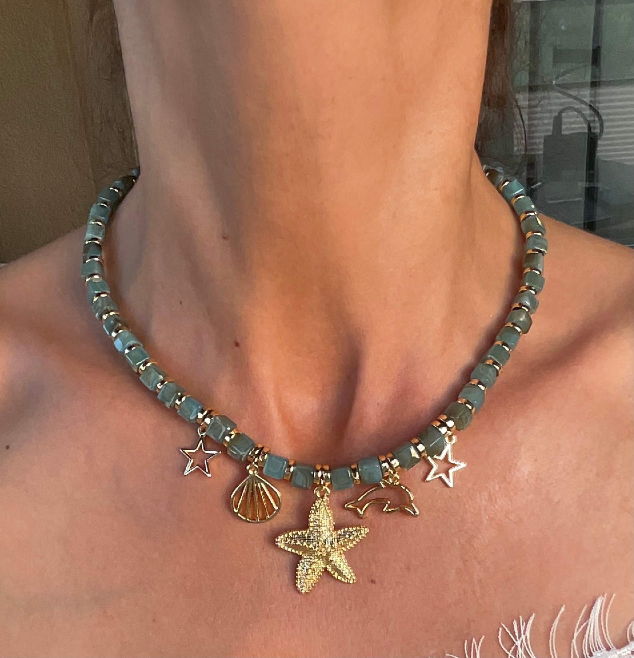 Deniz yıldızı model yeşil boncuklu kolye