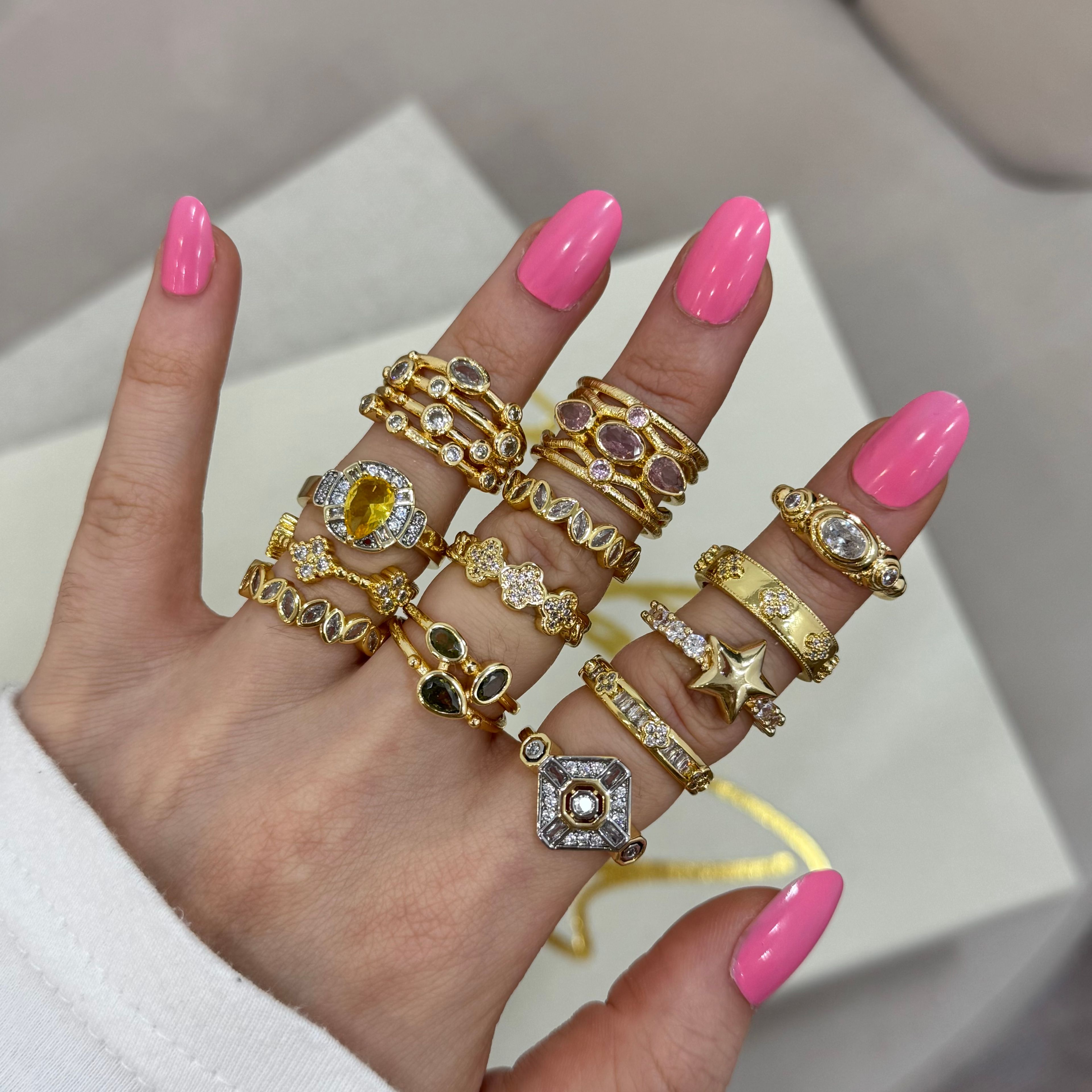 Premium Renkli Kristal Drops Vintage Ayarlı Yüzük