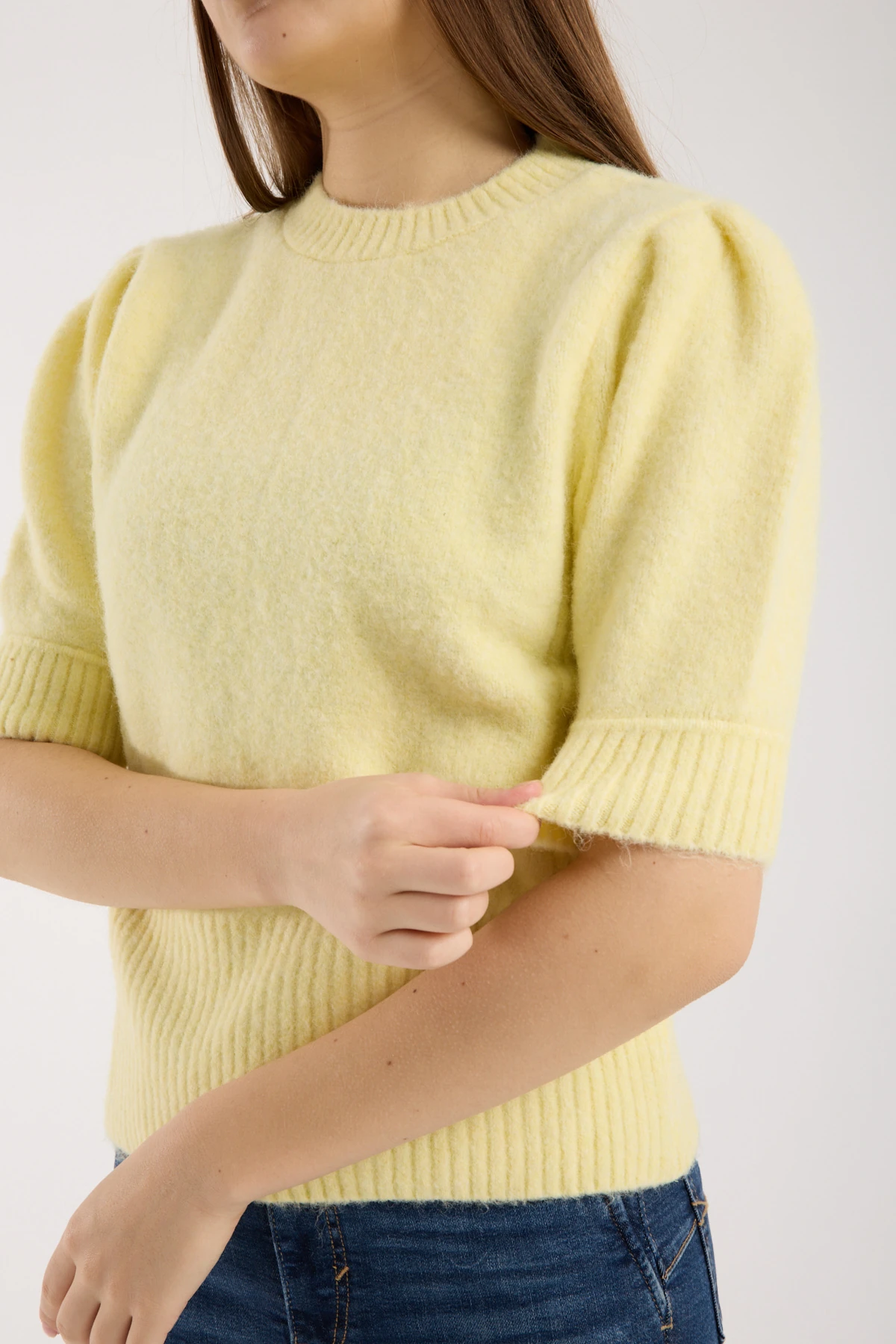 Soft Bloom Knit Yellow | Kısa Kollu Balon Kol Premium Triko