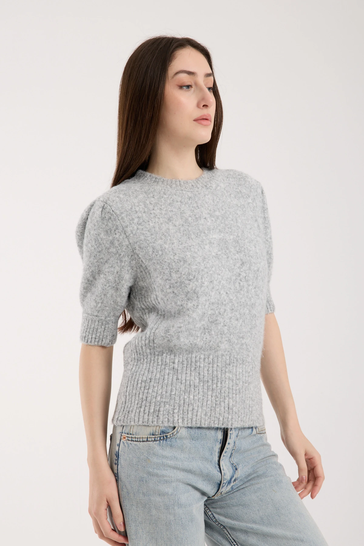 Soft Bloom Knit Gray | Kısa Kollu Balon Kol Premium Triko