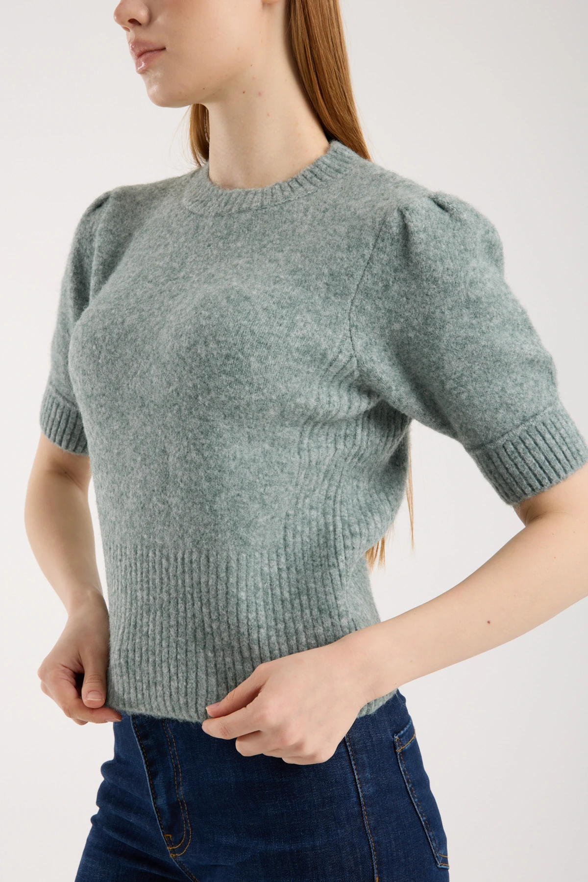 Soft Bloom Knit Green | Kısa Kollu Balon Kol Premium Triko 
