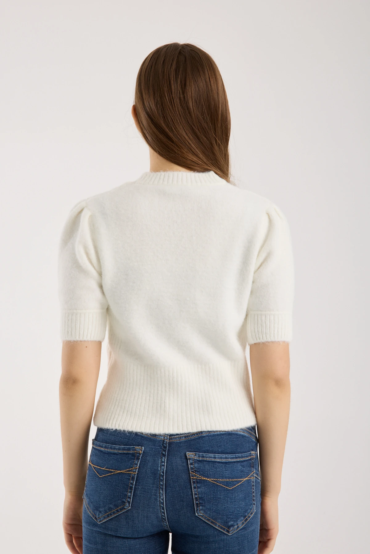 Soft Bloom Knit White | Kısa Kollu Balon Kol Premium Triko