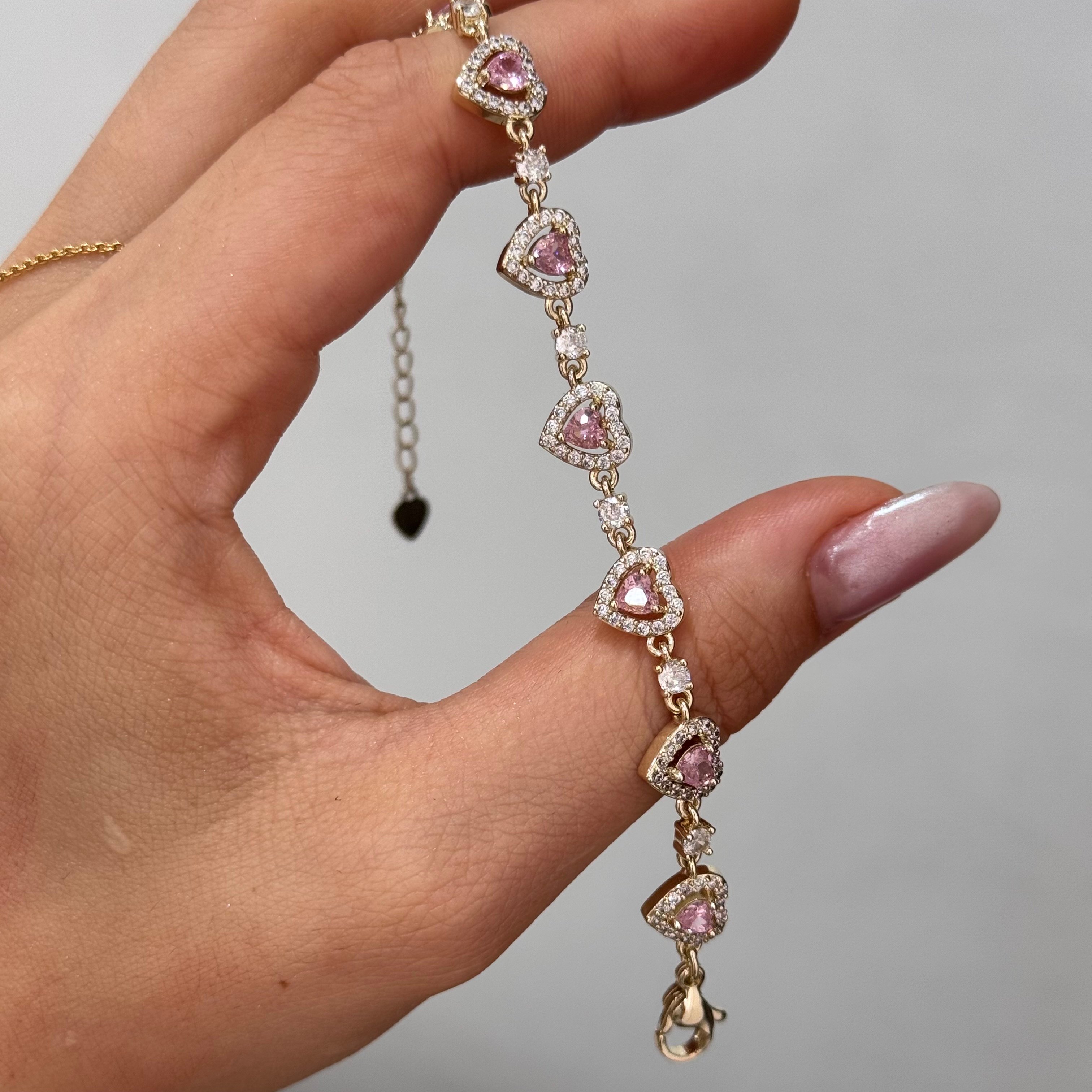 Premium 14k Pembe Zirkon Taşlı Kalp Bileklik