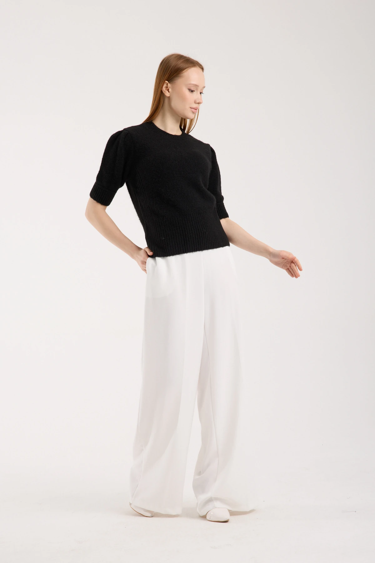 Soft Bloom Knit Black | Kısa Kollu Balon Kol Premium Triko