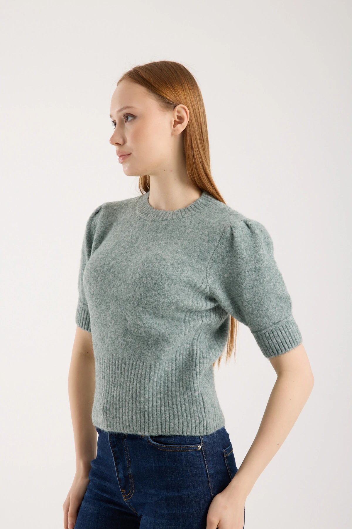 Soft Bloom Knit Green | Kısa Kollu Balon Kol Premium Triko 