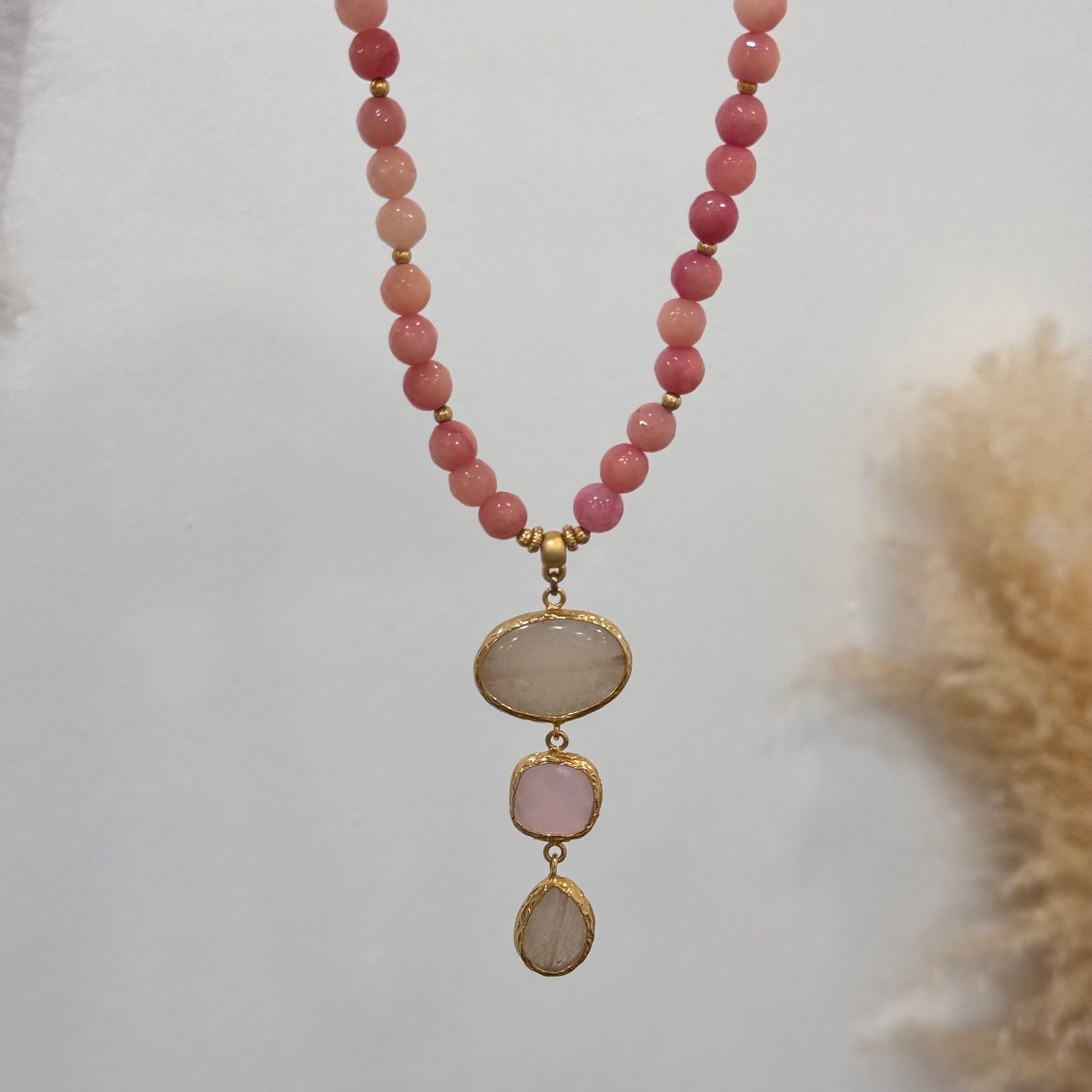 Pembe Kuvars Doğal Taşlı Tasarım Handmade Kolye