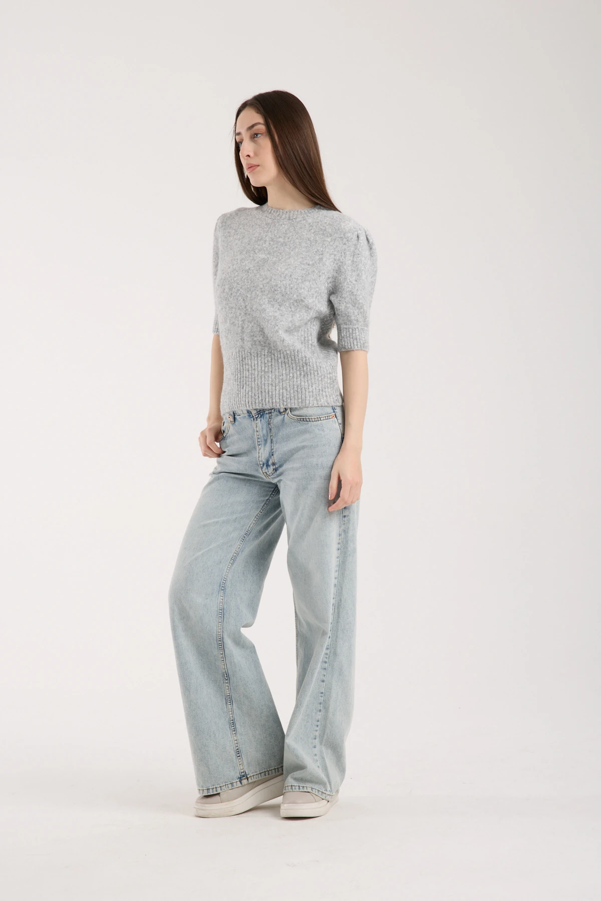 Soft Bloom Knit Gray | Kısa Kollu Balon Kol Premium Triko