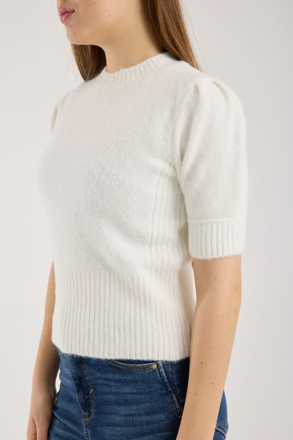 Soft Bloom Knit White | Kısa Kollu Balon Kol Premium Triko