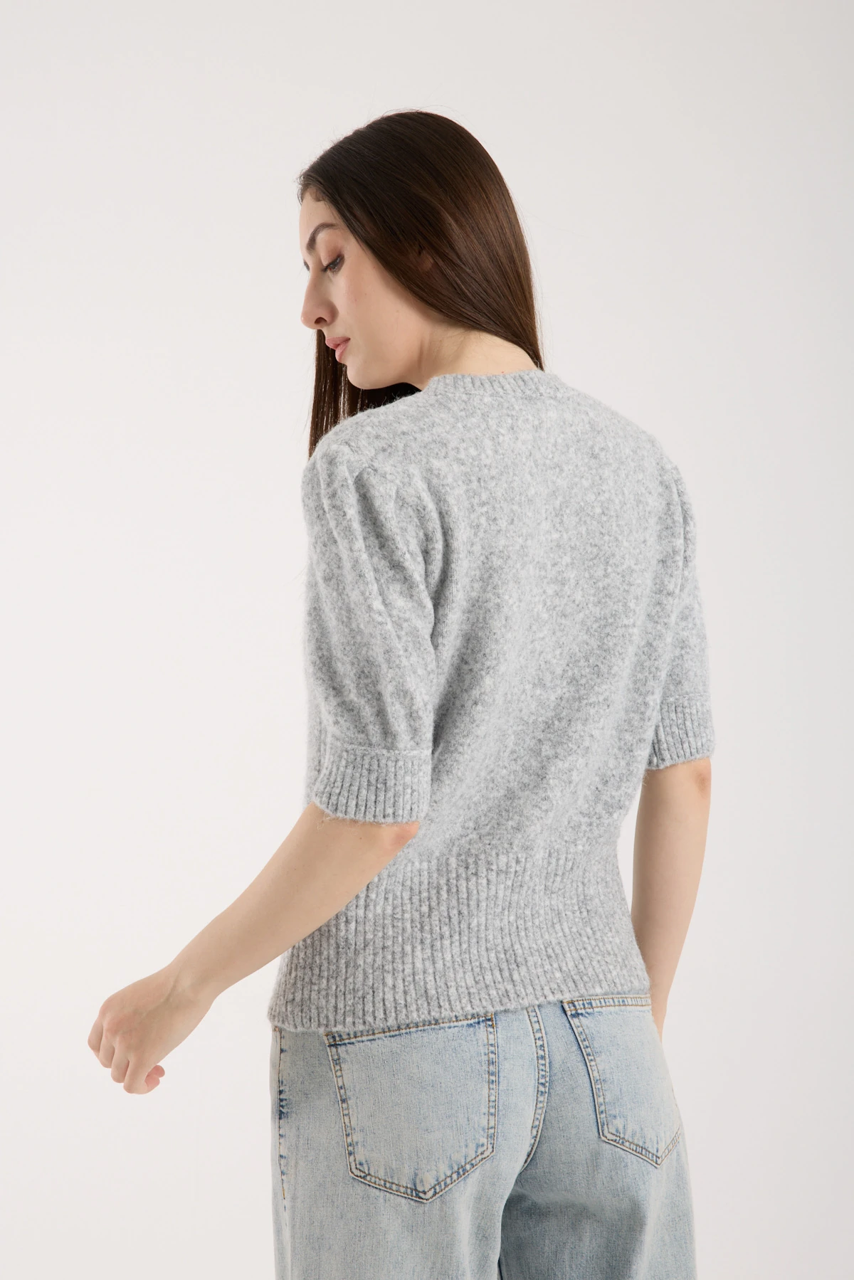 Soft Bloom Knit Gray | Kısa Kollu Balon Kol Premium Triko